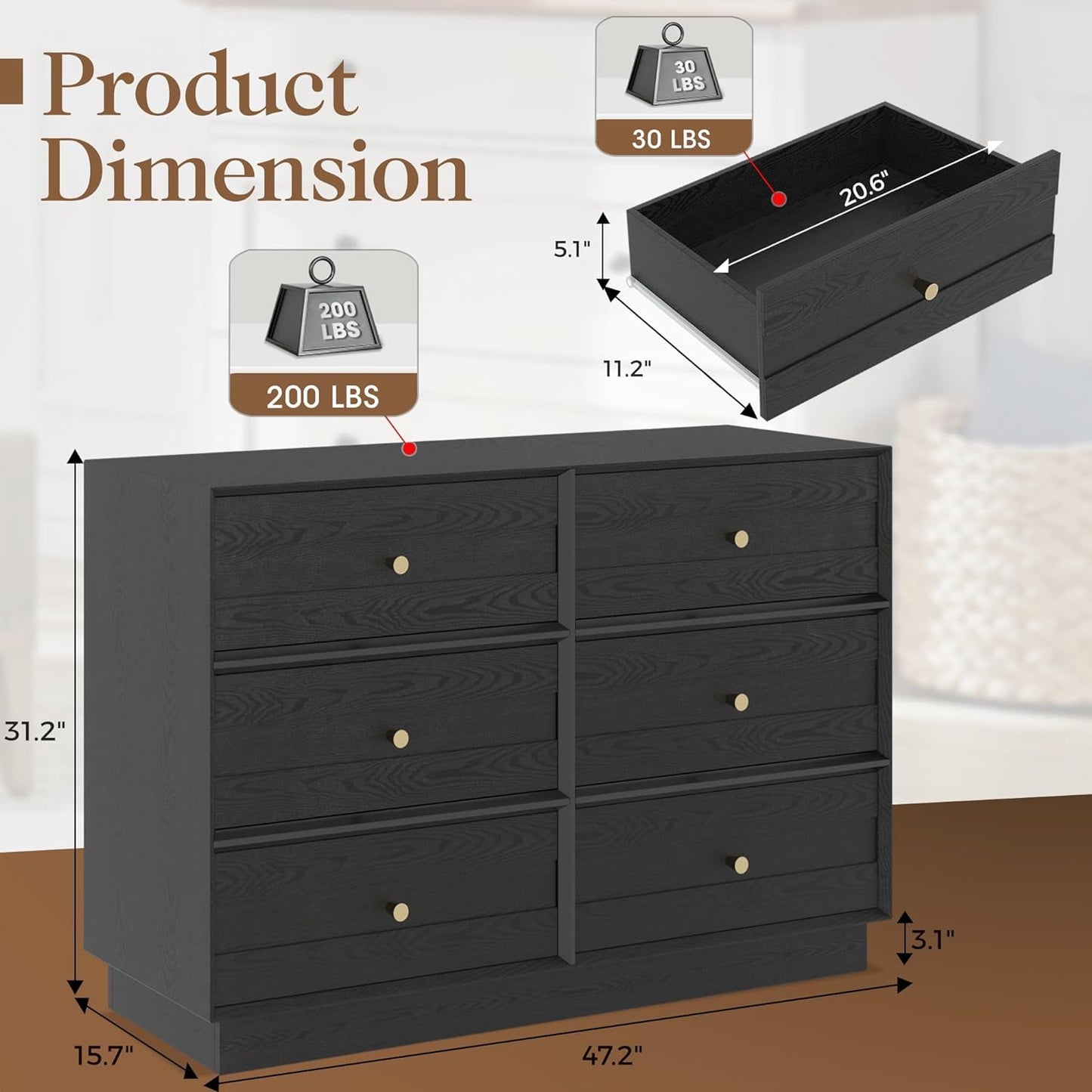 CozyHom 6 Drawers Dresser For Bedroom, Baby Dressers Chest for Nursery, Wood Storage Cabinet for Living Room Hallway Closet, Black