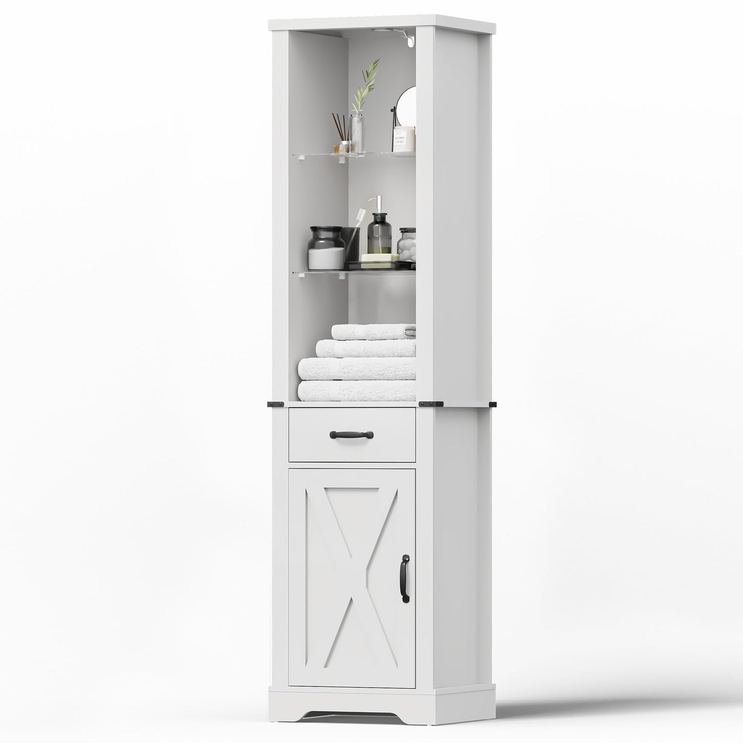 Royalcraft 75'' Tall Storage Cabinet with LED Light, Farmhouse Pantry Cabinet with Tempered Glass Adjustable Shelves & Barn Door, Freestanding Linen Tower for Bathroom, Living Room, Kitchen, White