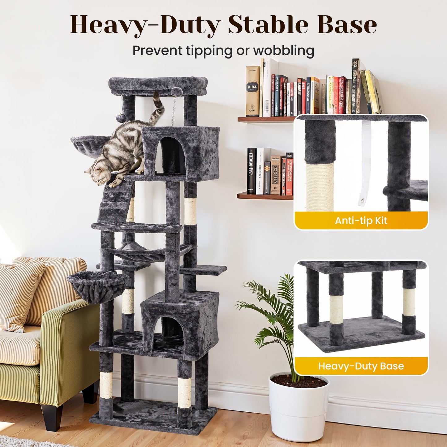 Multi-Level Large Cat Tree Tower for Large Cats with Scratching Posts, Condos, Perch, Hammocks & Toys ¨C Modern Indoor Cat Jungle Gym for 6-7 Cats, 23.6" x 19.7" x 73.2", Grey