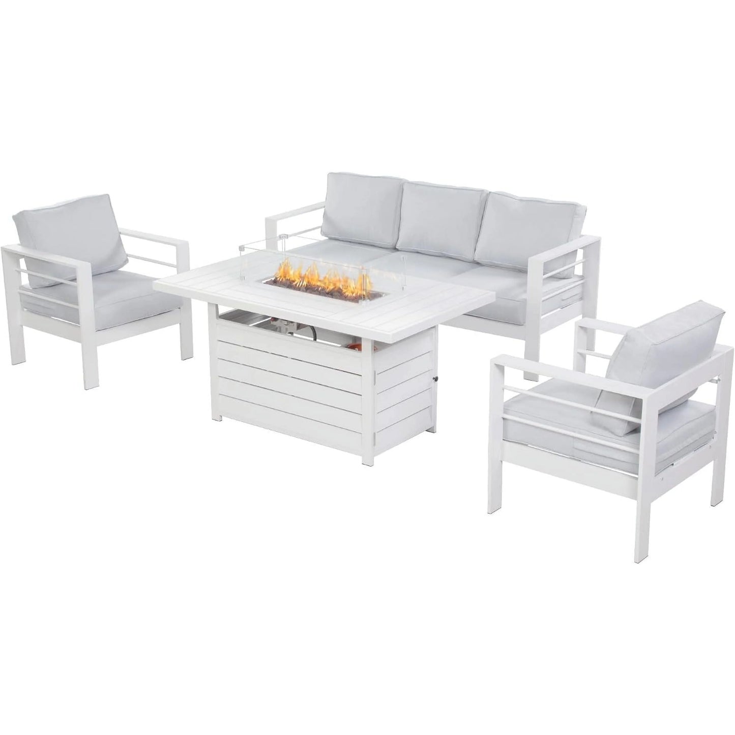 Heynemo Superjoe Outdoor Furniture Set w/CSA Certified 54in Propane Gas Fire Pit Table, 5 Seats Aluminum Patio Conversation Sofa with 5in Olefin Cover Cushions, Black/Light Gray