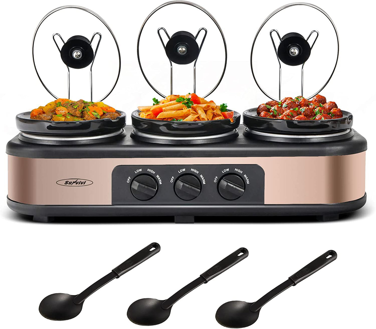 Triple Slow Cooker with 3 Spoons, 3 Pot 1.5 Quart Oval Crock Food Warmer Buffet Server, Stainless Steel