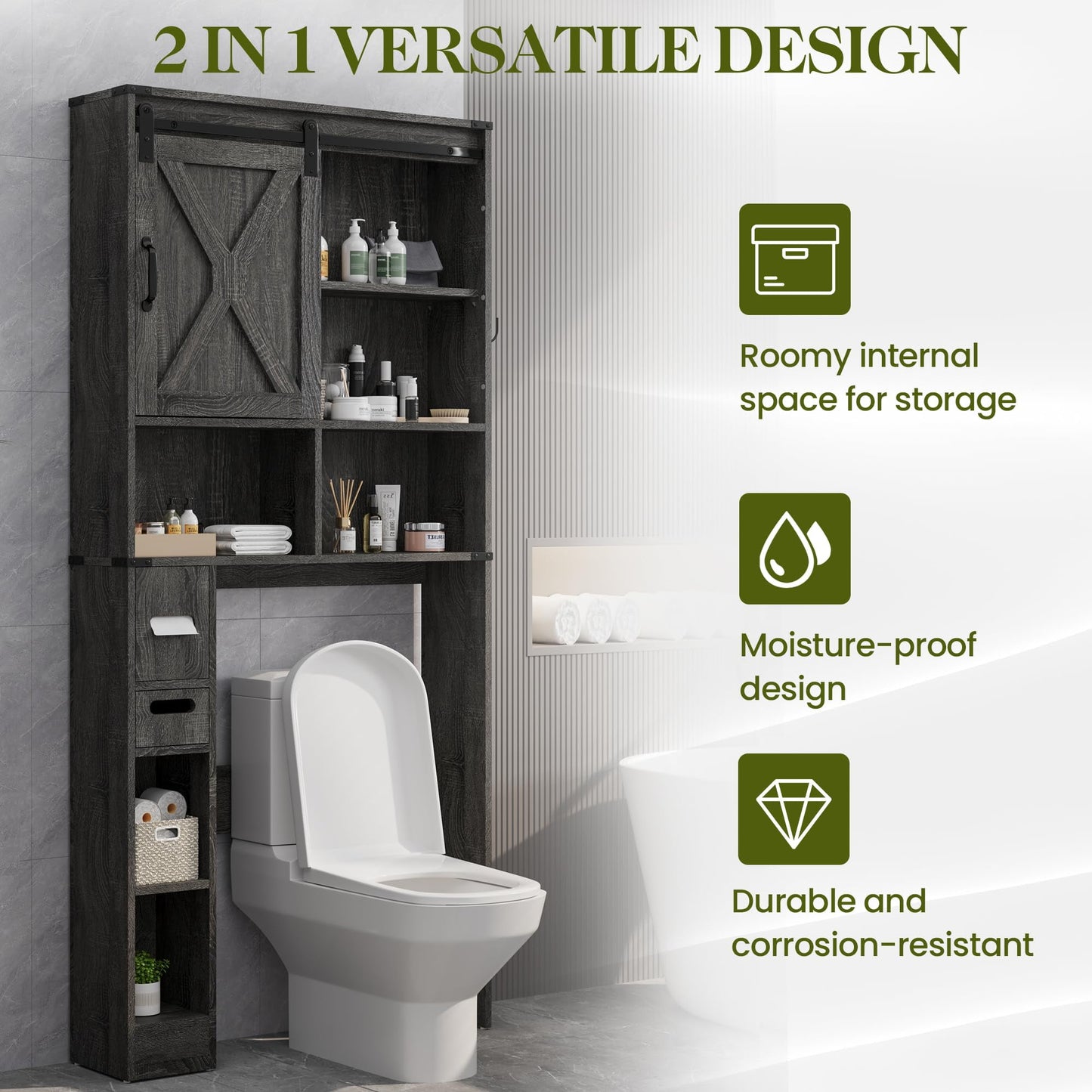 CozyHome Over The Toilet Storage Cabinet, Farmhouse Storage Cabinet Over Toilet with Sliding Barn Door, Home Space-Saving Toilet Rack, Behind Toilet Bathroom Organizer for Bathroom, Dark Grey
