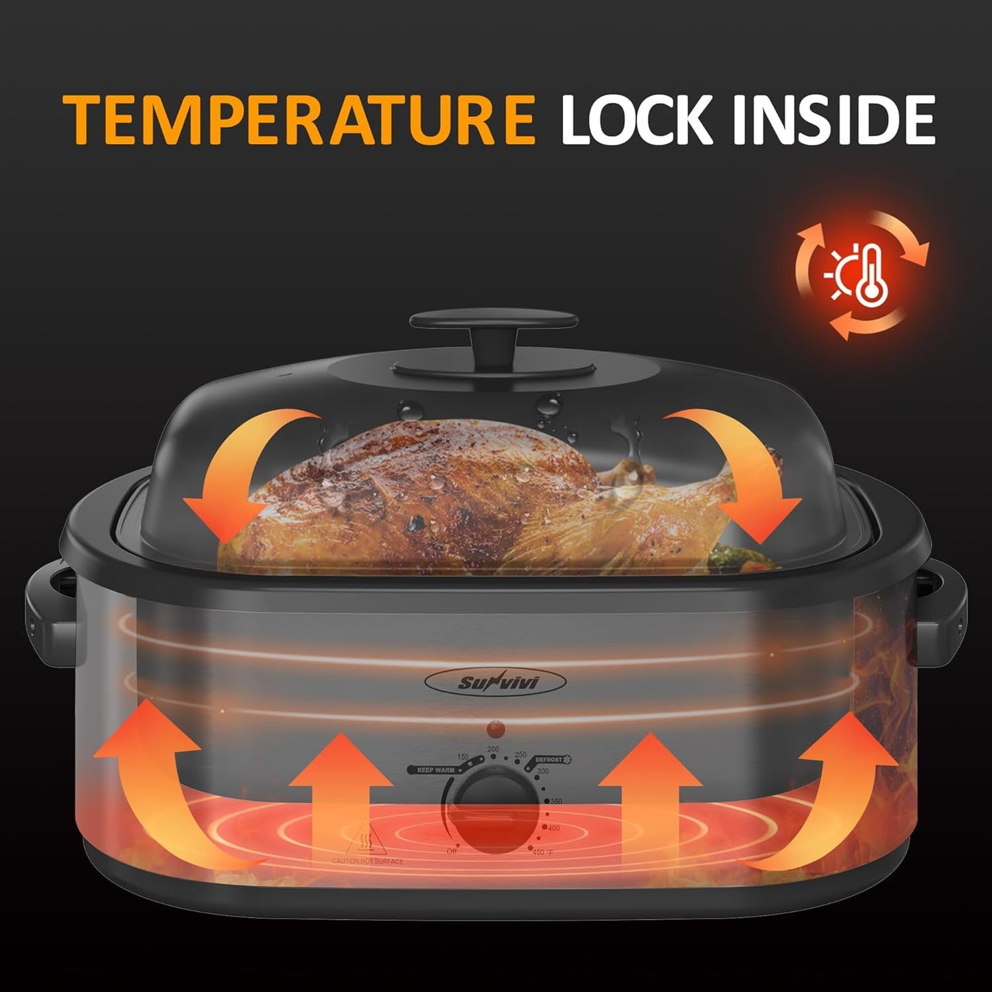 Royalcraft Electric Roaster Oven With 3 Compartments, Self-Basting Lid - 20 Qt, Silver