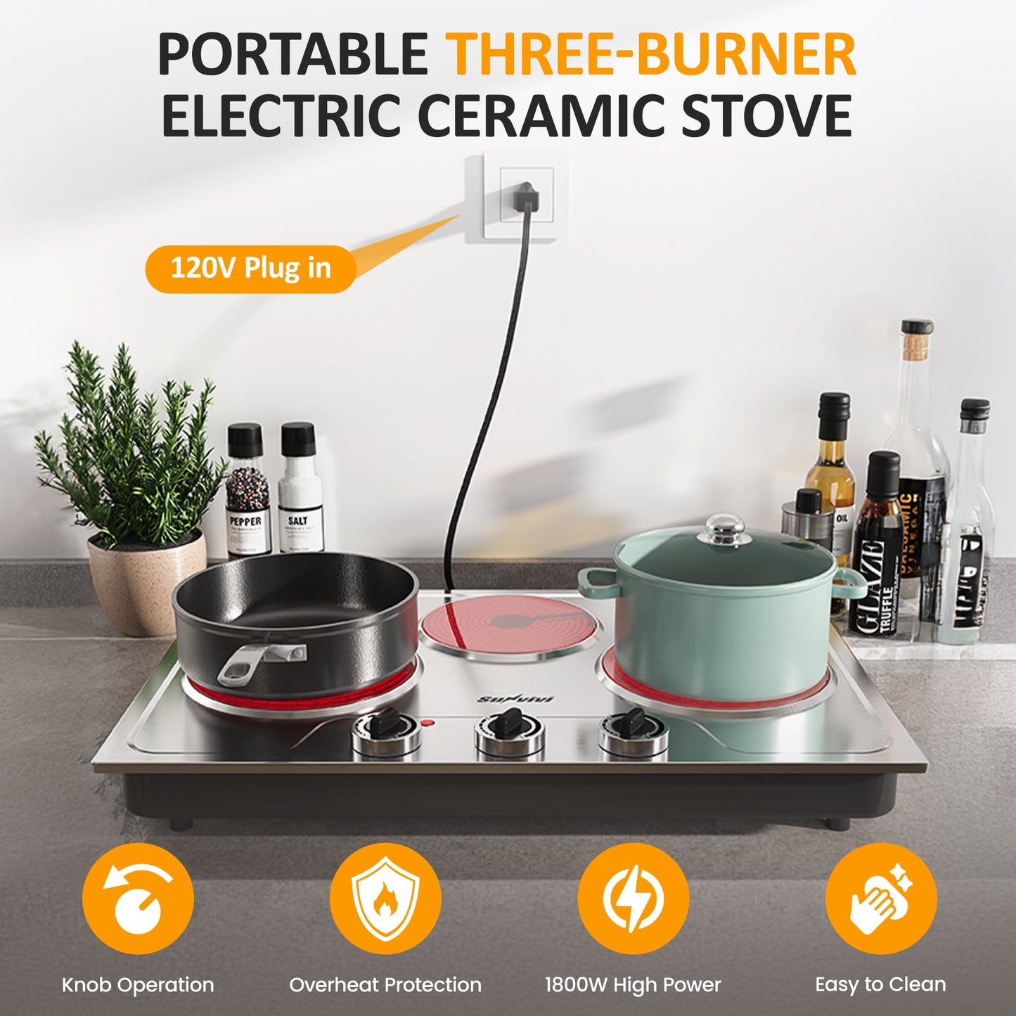 Sunvivi 1800W Three-burner portable electric ceramic stove - knob control, indicator light, compatible with all cookware, suitable for a variety of cooking scenarios, silver