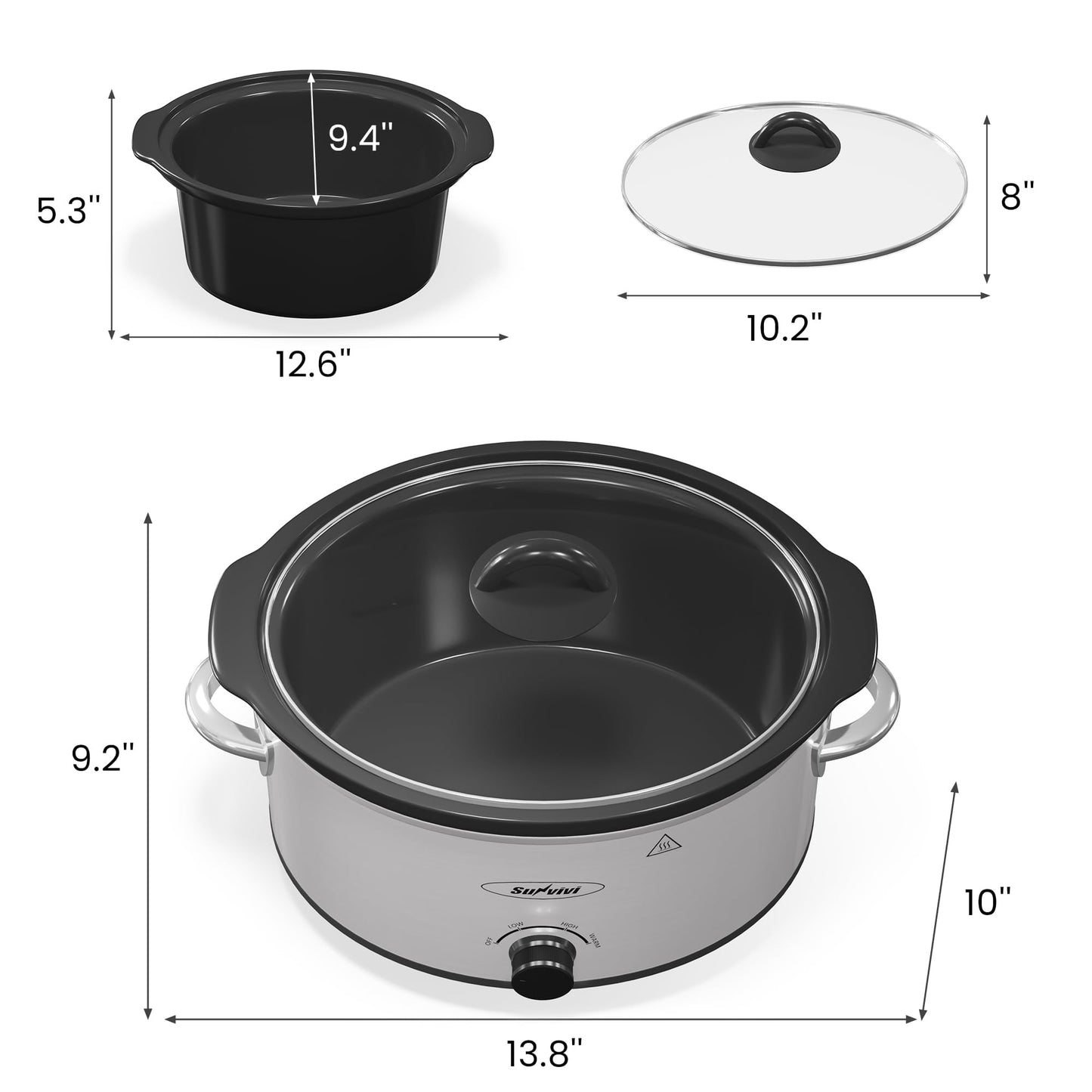 SUNVIVI Small Slow Cooker 4QT, Mini Food Warmer with 3 Heating Settings, Removable Ceramic Pot, Dishwasher Safe Glass Lid, Stainless Steel