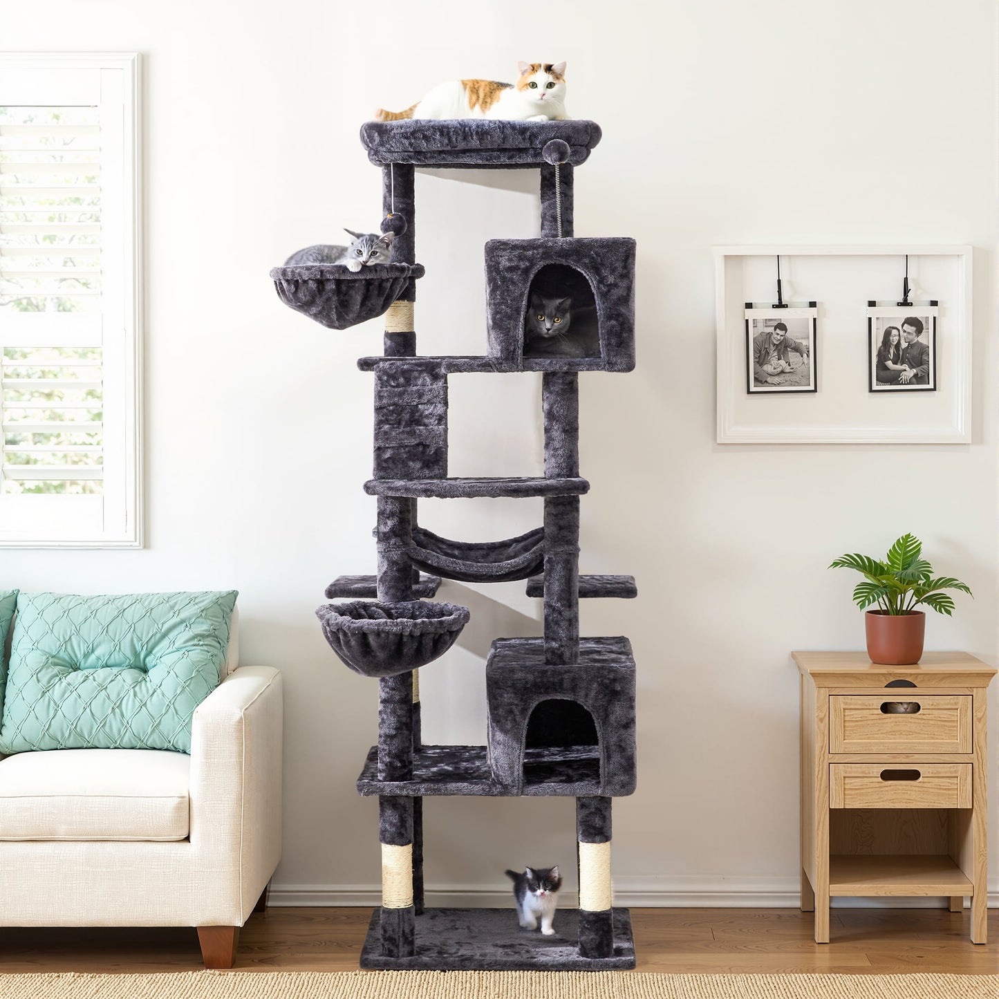 Multi-Level Large Cat Tree Tower for Large Cats with Scratching Posts, Condos, Perch, Hammocks & Toys ¨C Modern Indoor Cat Jungle Gym for 6-7 Cats, 23.6" x 19.7" x 73.2", Grey