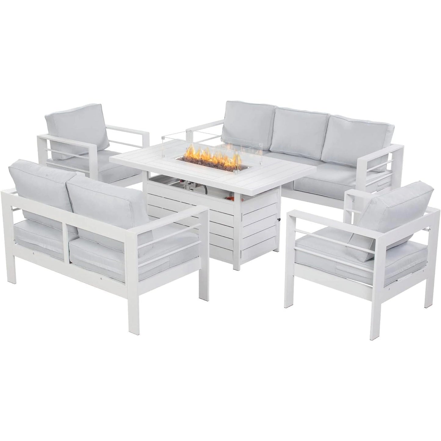 Heynemo Superjoe Outdoor Furniture Set w/CSA Certified 54in Propane Gas Fire Pit Table, 7 Seats Aluminum Patio Conversation Sofa with 5in Olefin Cover Cushions, White
