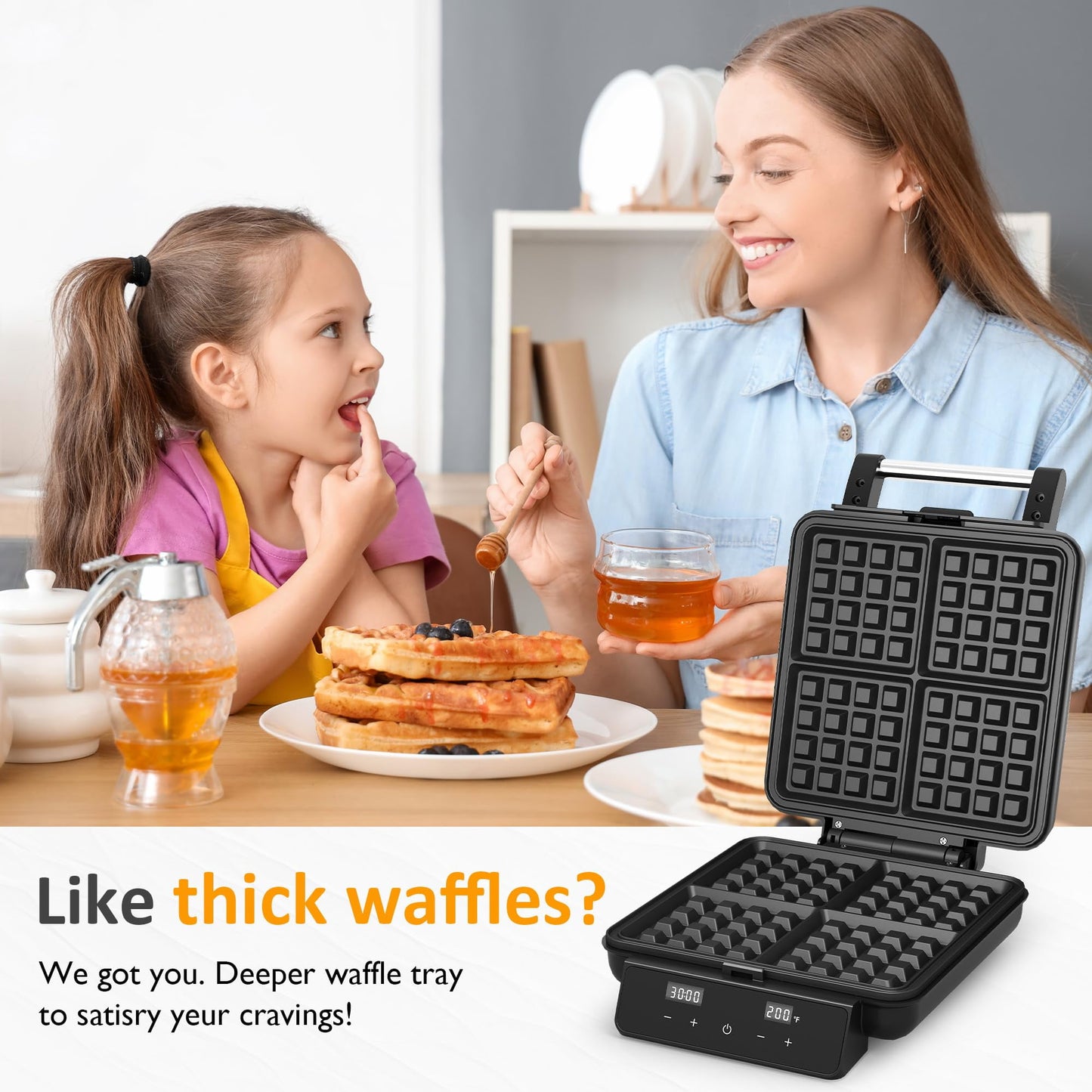 Heynemo 4-Slice Waffle Maker With Nonstick Surface - LCD, Time & Temp Control - Stainless Steel, Silver