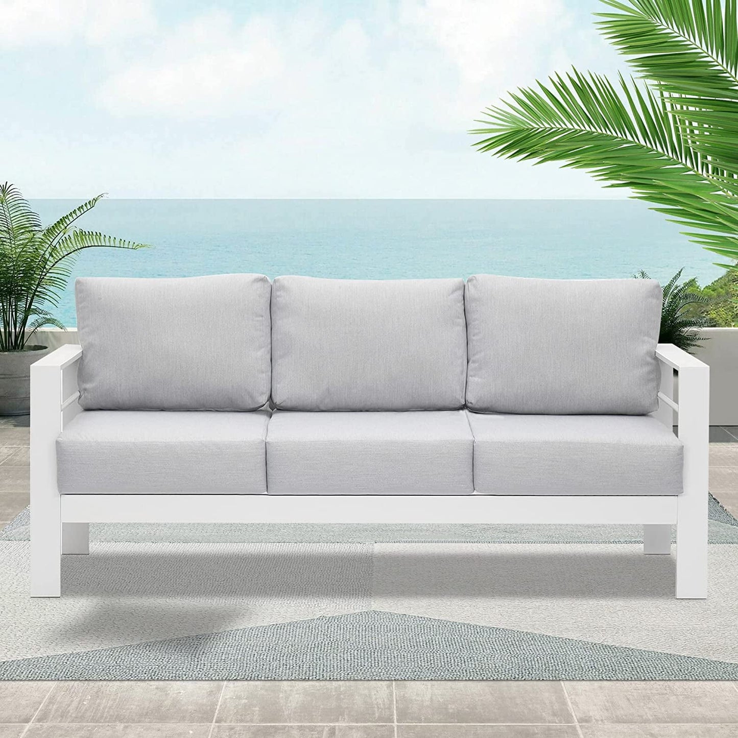 Superjoe Outdoor 3 Seats Patio Furniture Aluminum Sofa Couch, White Metal Chair with Cushions, Light Grey