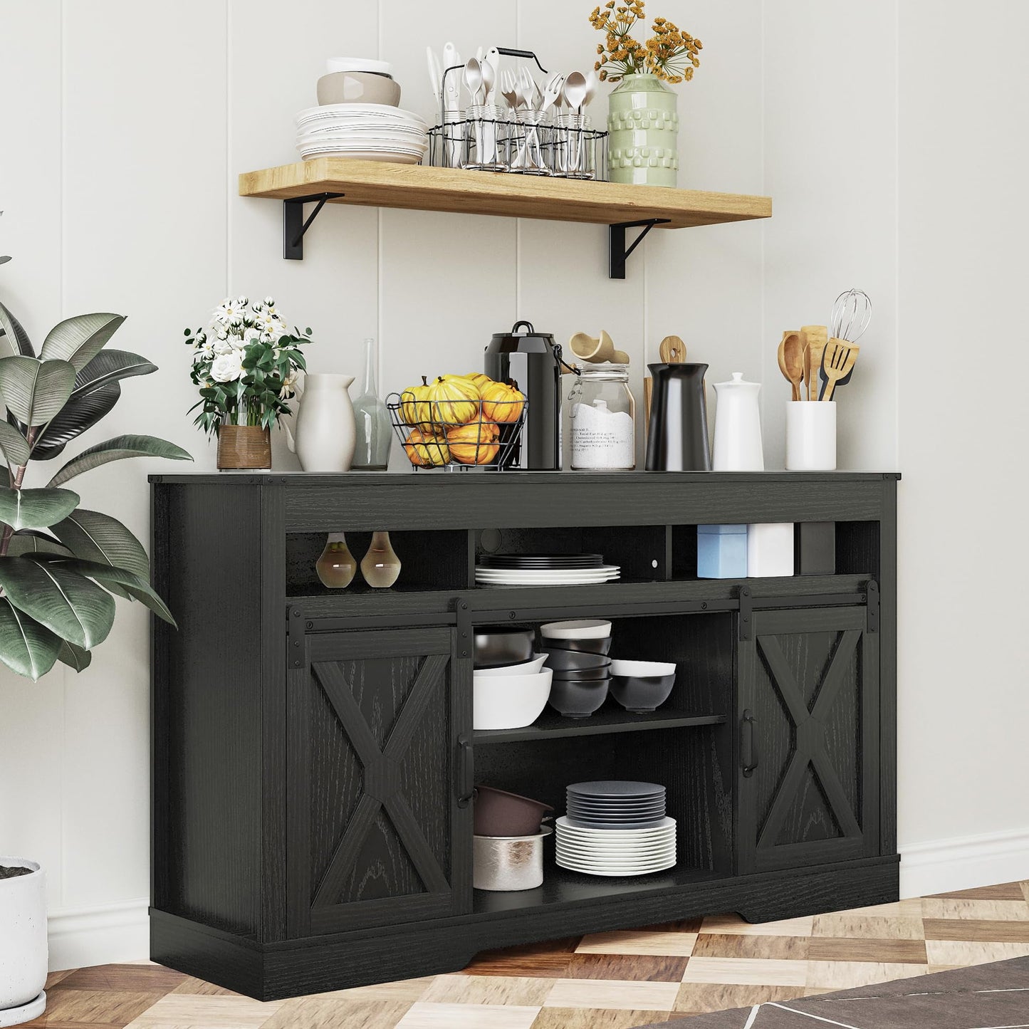 CozyHome Farmhouse TV Stand with Sliding Barn Door for TVs up to 65+ Inch, 34" Tall Entertainment Center, Wood Media Console Storage Cabinet for Bedroom, Living Room, Black