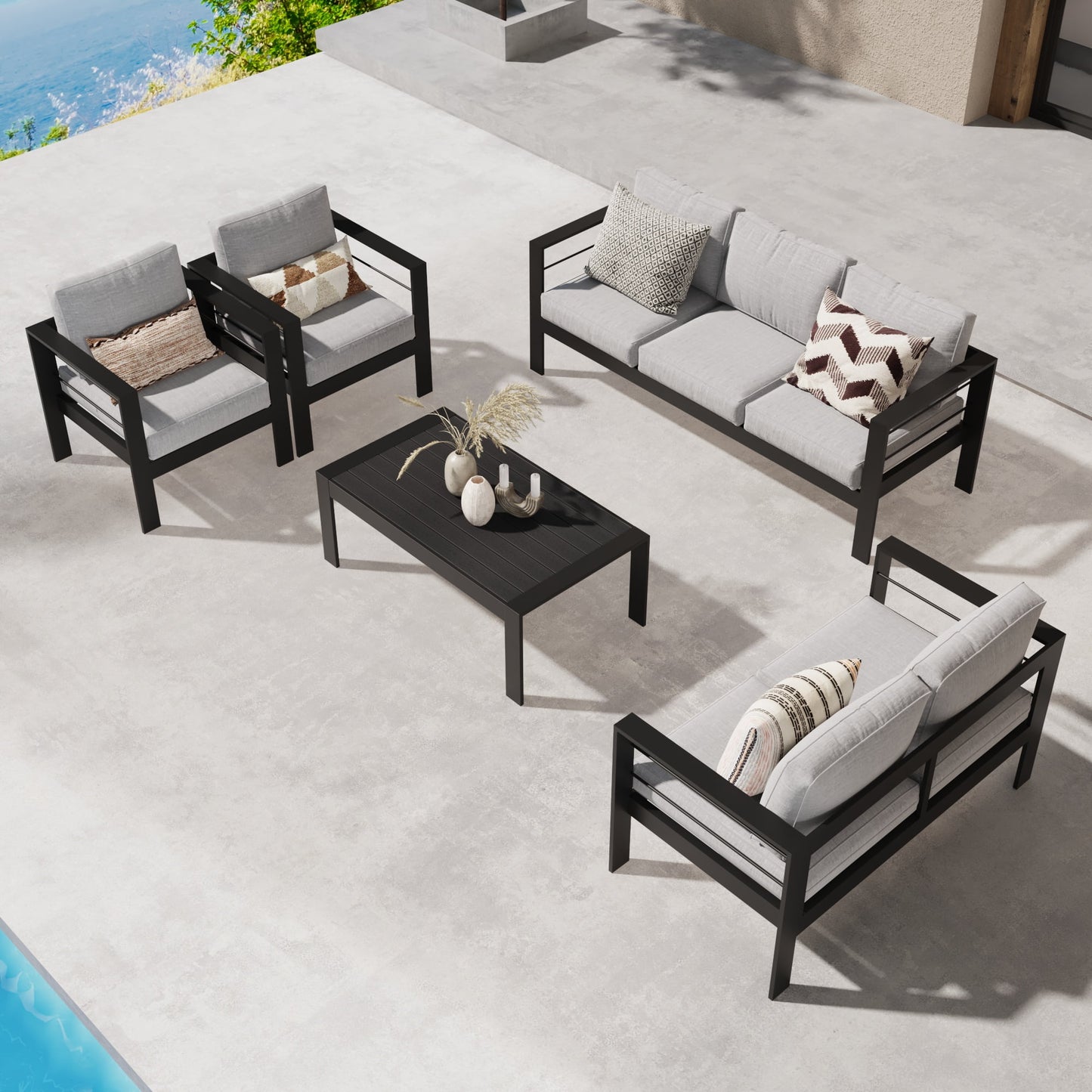CozyHom 2 Pieces Assembled Patio Outdoor Ottomans, Modern Aluminum Footstool With Cushions, Metal Furniture For Balcony Garden Deck, Gray