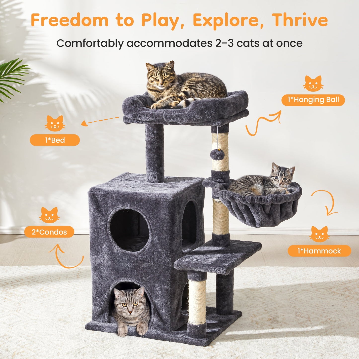 Heynemo Multi-Level Cat Tree Tower for Large Cats with Scratching Posts, Condos, Perch, Hammocks & Toys ¨C Modern Indoor Cat Jungle Gym for 2¨C3 Cats, 19.7" x 15.7" x 35.8", Dark Grey