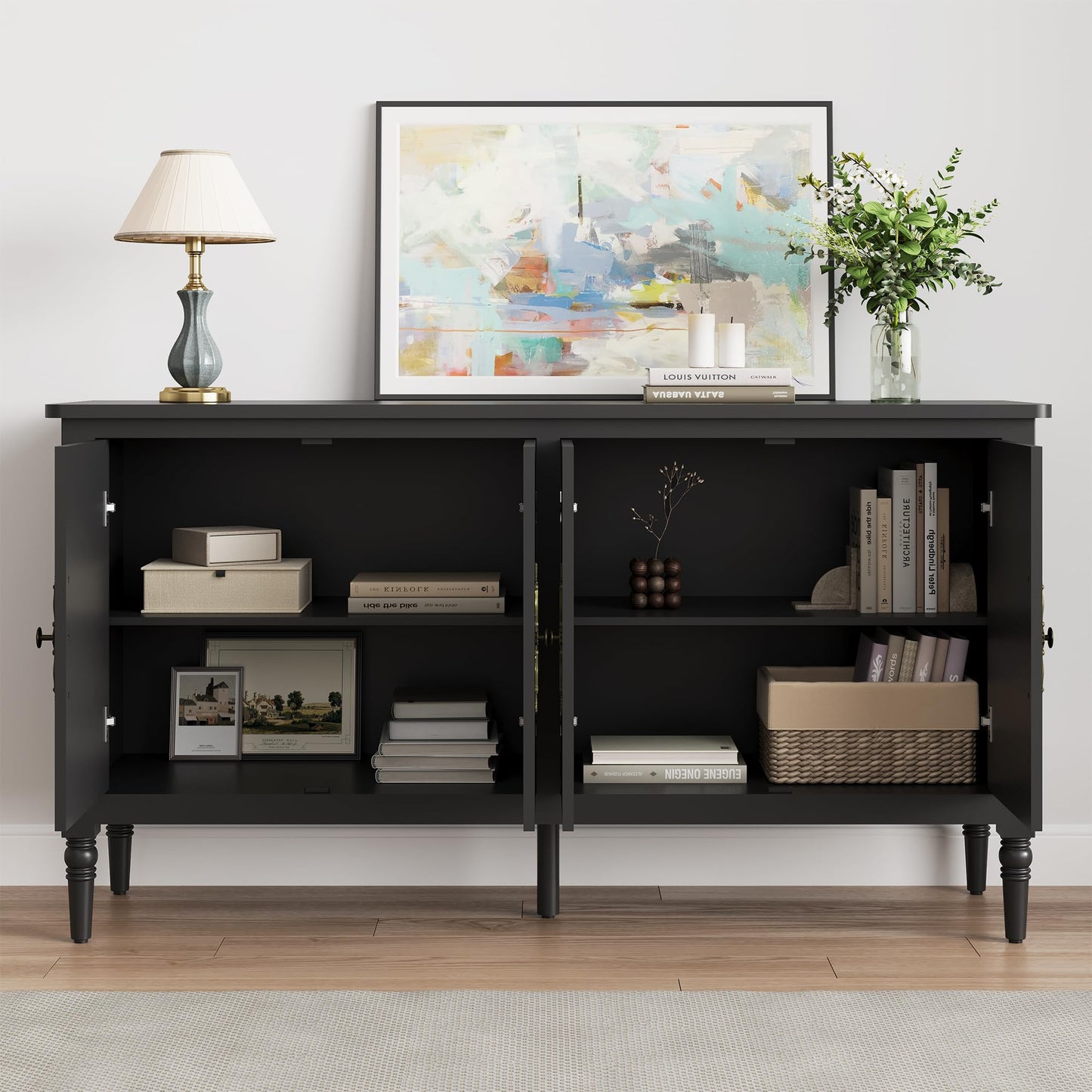 CozyHome Sideboard Buffet Cabinet with Storage, 58'' Mid Century Modern Storage Cabinet with 4 Doors and Adjustable Shelves, Accent Cabinet for Entryway, Dining Room, Living Room, Bedroom sideboard buffet cabinet with storage