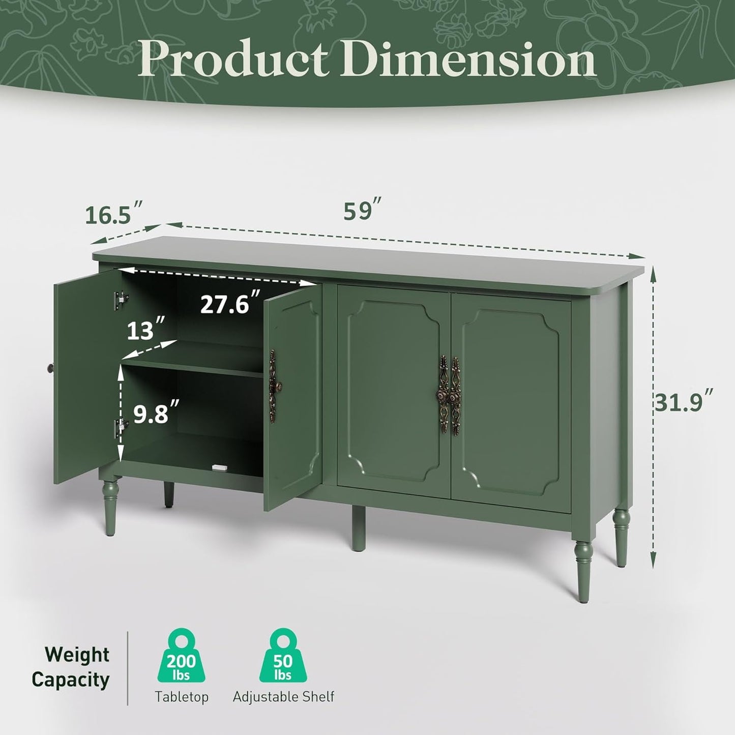 May in Color Console Cabinet, 58'' Wood Sideboard Buffet Cabinet, for Entryway, Living Room, Bedroom, Dining Room, Green