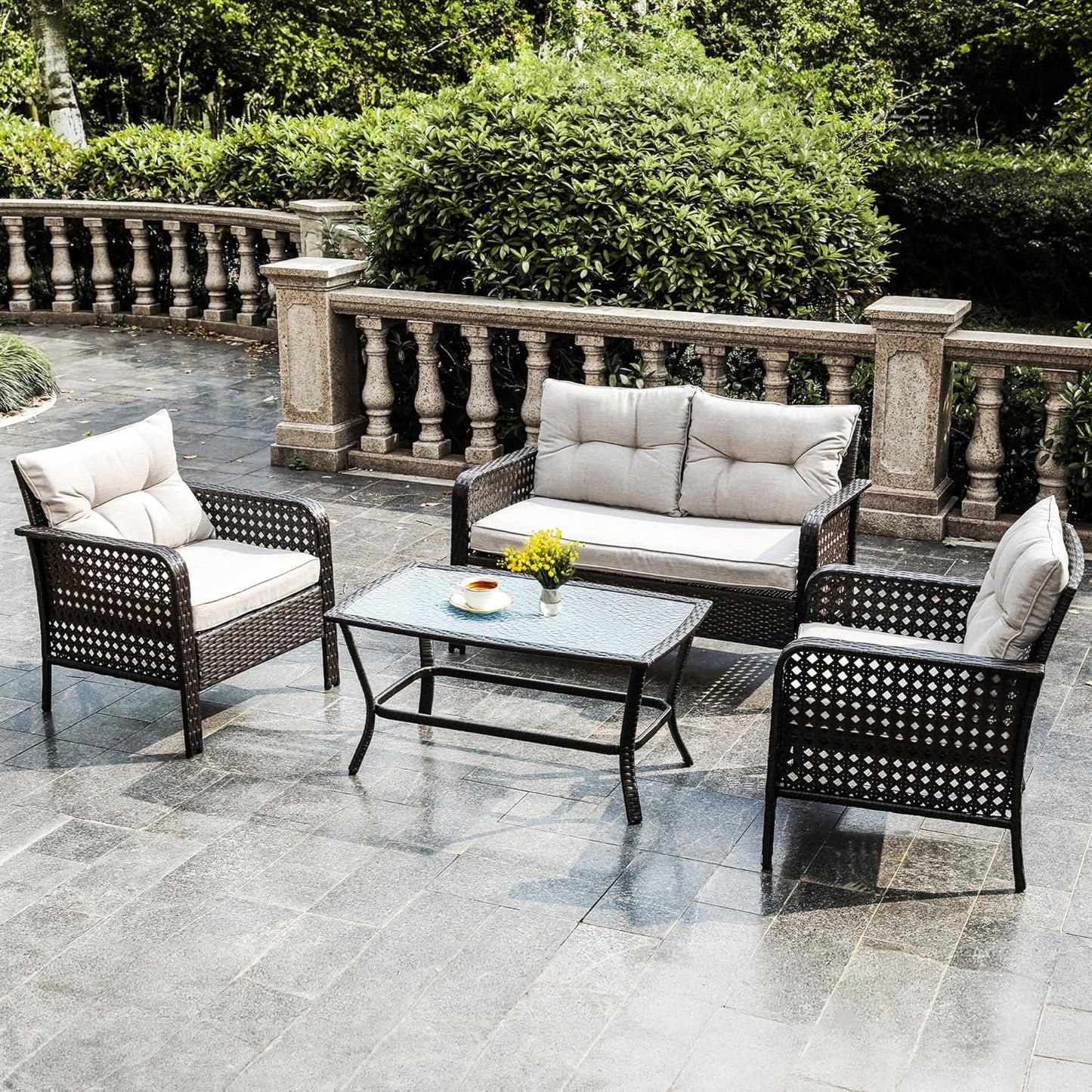 Heynemo Superjoe 4 Pieces Patio Furniture Set, Outdoor Rattan Chair Wicker Conversation Sets with Cushions and Glass Coffee Table, for Porch Balcony Garden Backyard Deck,Beige
