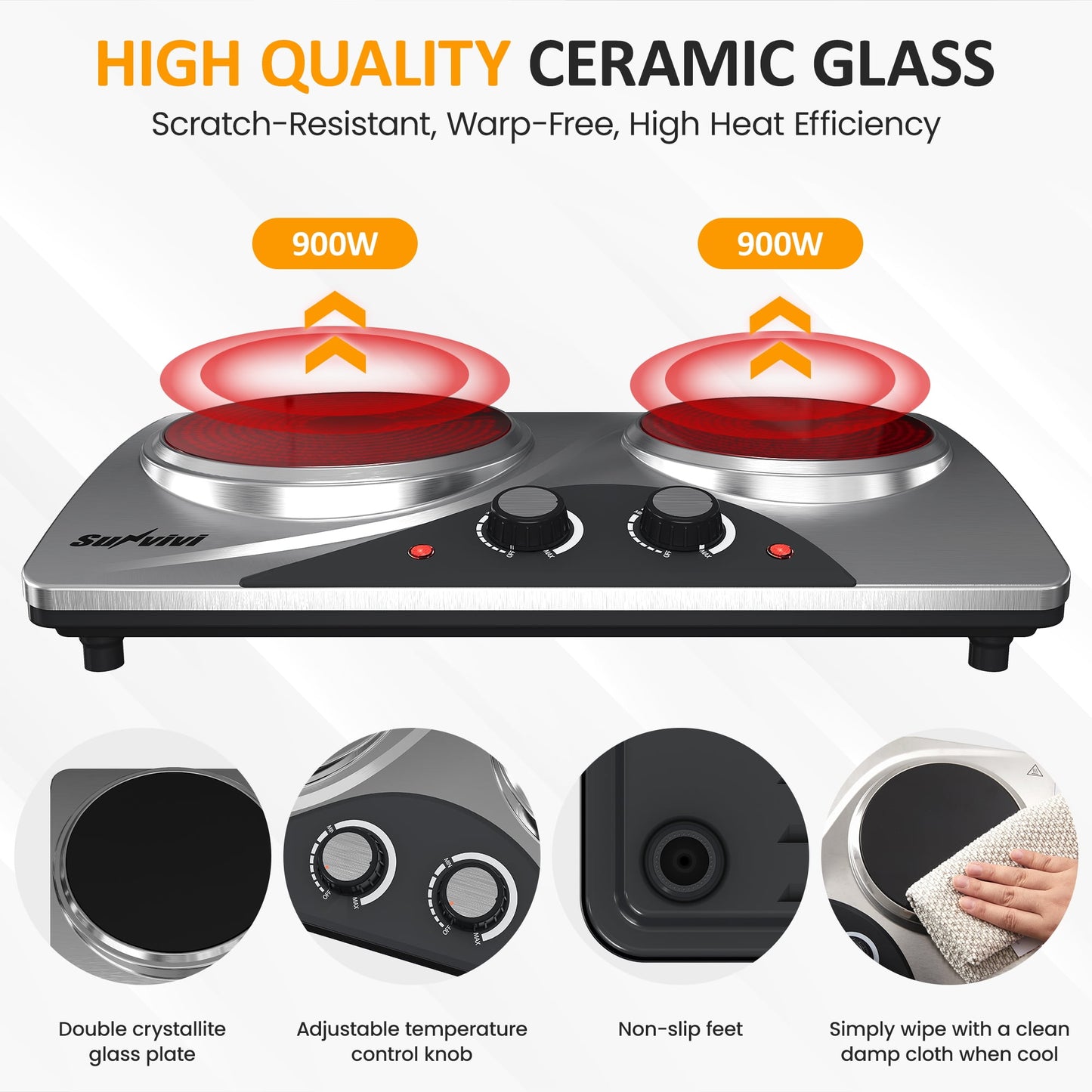 Heynemo Sunvivi 1800W Dual Burner Electric Ceramic Stove with Knob Control - Silver
