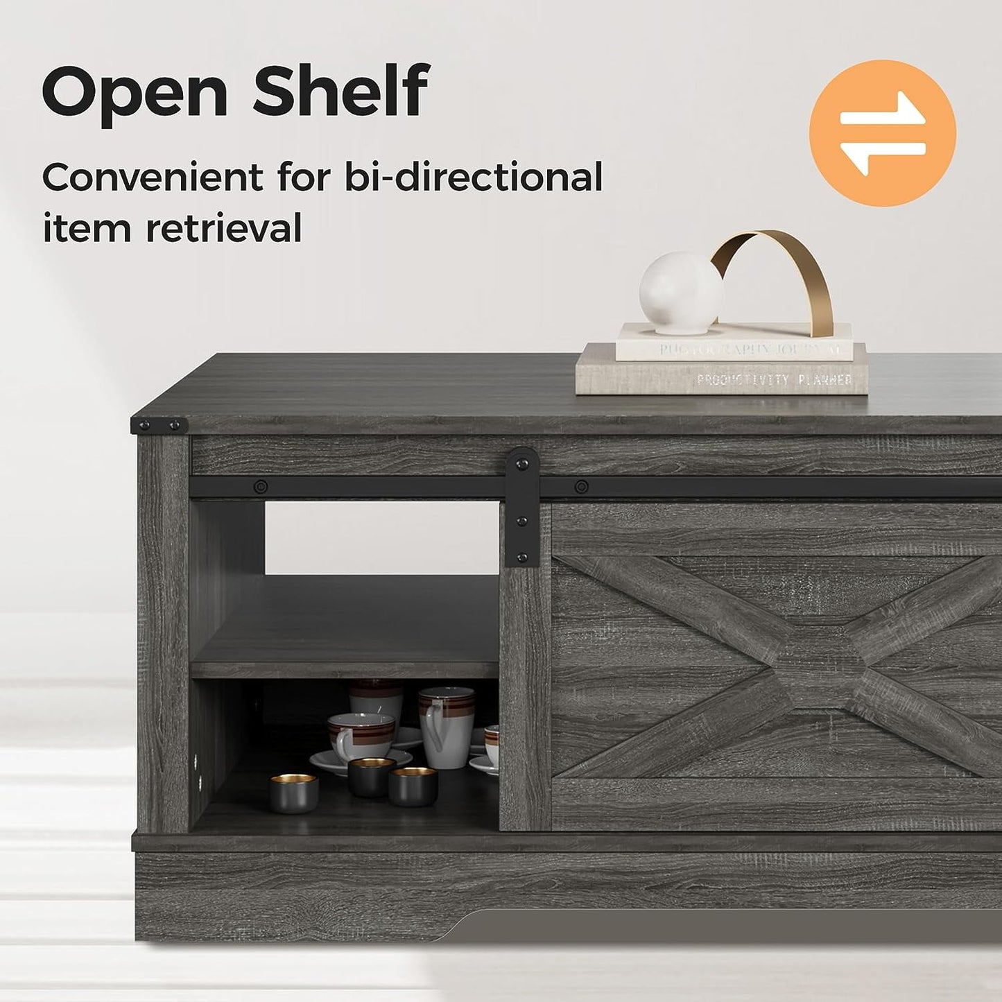 CozyHom Farmhouse Rectangular Coffee Table with Drawer and Sliding Barn Door, Rustic Coffee Table with Open Shelves for Living Meeting Room, Dark Grey
