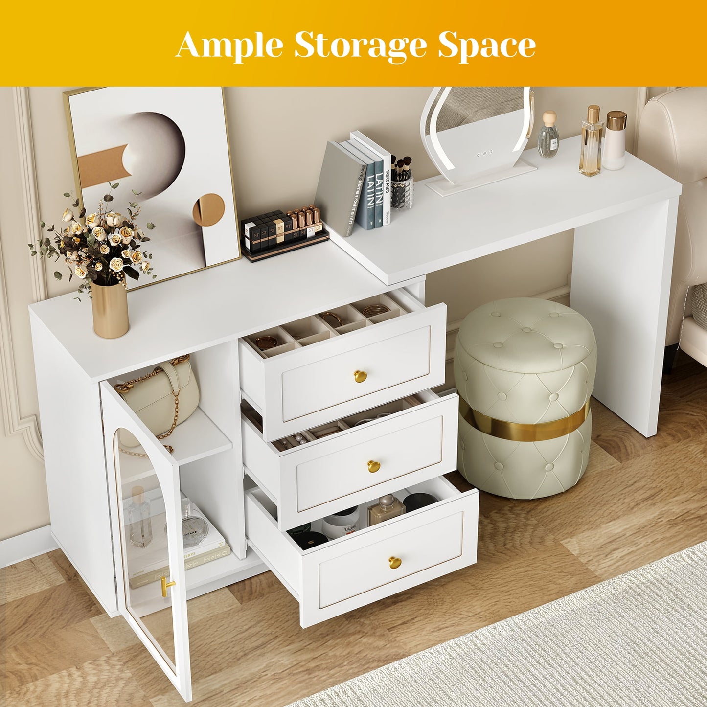 Heynemo Makeup Vanity Desk, Extendable Corner Vanity Makeup Table with 3 Drawers & 1 Door, Modern Dressing Table for Bedroom, Vanities for Women/Girls Bedroom (without Mirror)