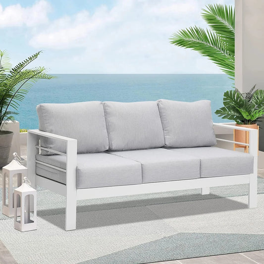 Superjoe Outdoor 3 Seats Patio Furniture Aluminum Sofa Couch, White Metal Chair with Cushions, Light Grey