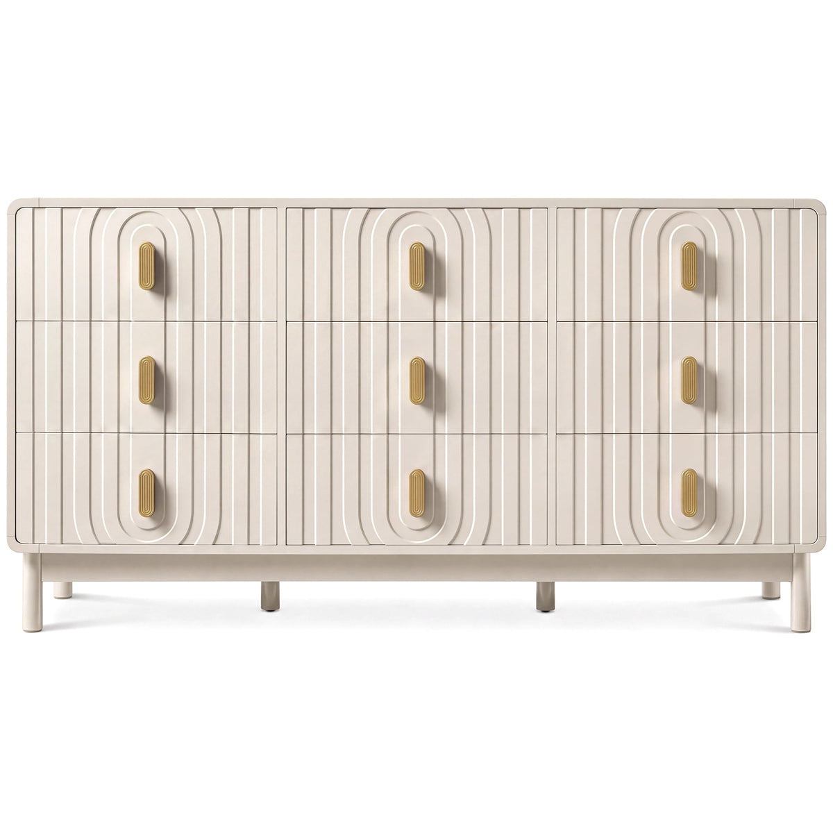 Heynemo Fluted Chest of 9 Drawers, Beige Modern 9 Drawer Dresser with Gold Metal Handles, Wide Storage Dresser Cabinet for Bedroom Living Room