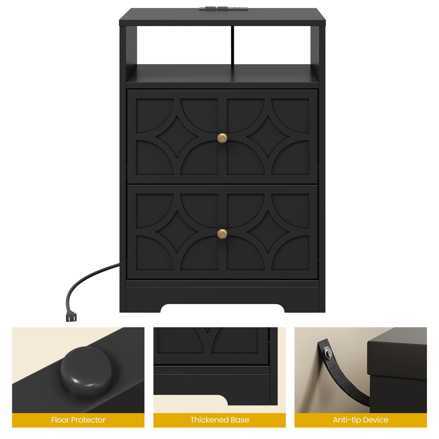 Heynemo Modern Accent Side Table with 2 Drawers, Gold Knobs, and Diamond Carvings, Large Night Stand for Living Room, Bedroom, Entryway, Black
