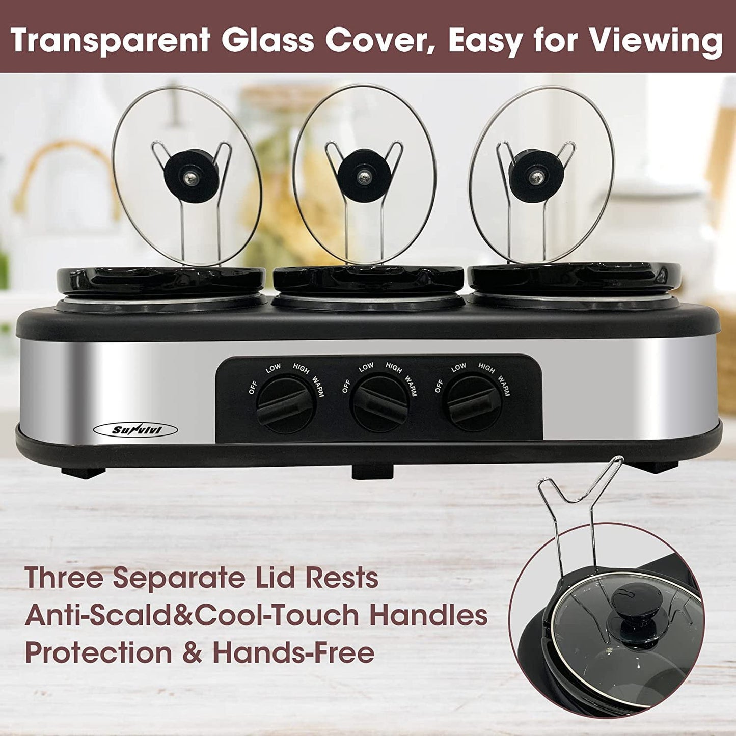 Superjoe Triple Slow Cooker 3x1.5 Quart Electric Food Warmer Pot Buffet Server, Adjustable Temp Removable Ceramic Pots Lid Rests