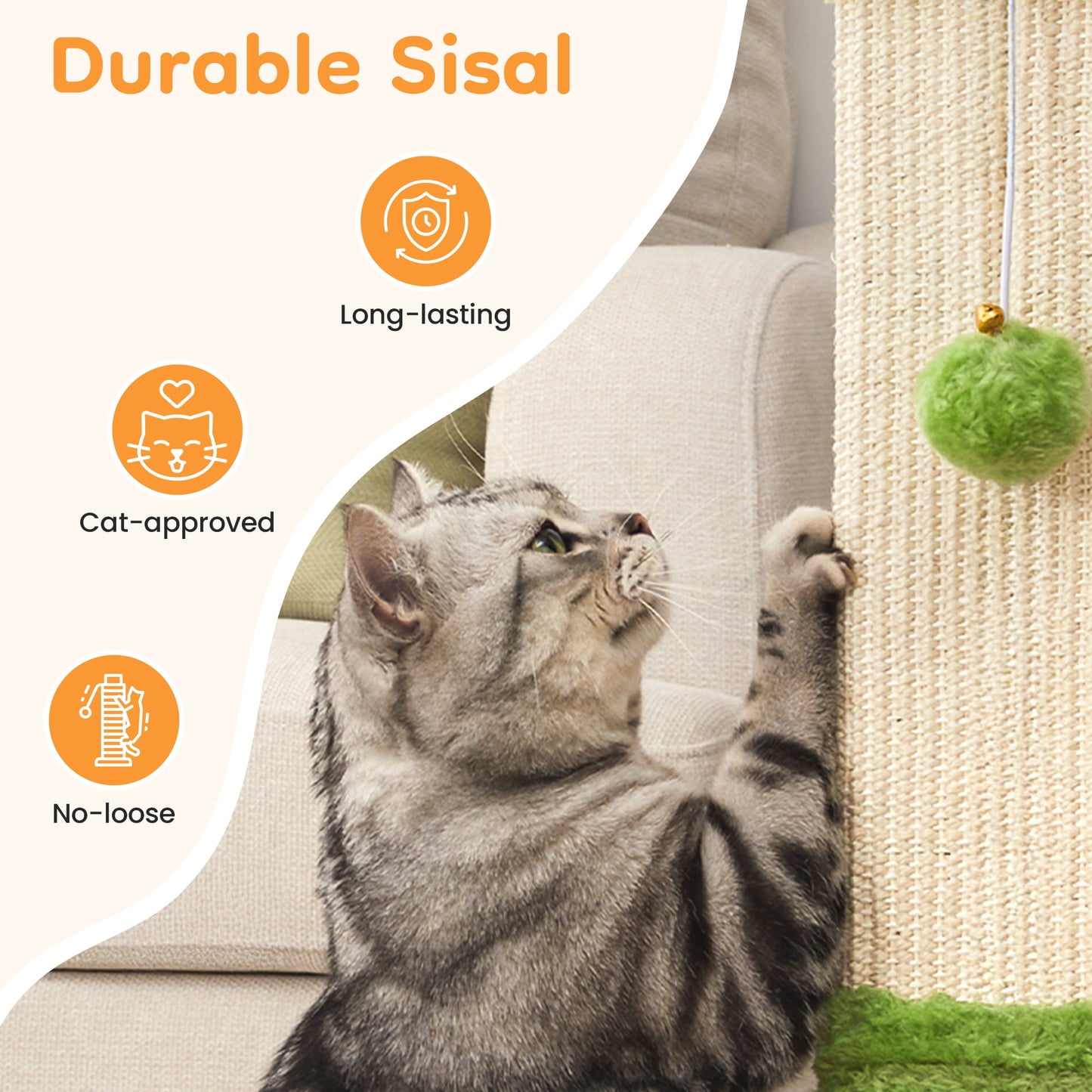Heynemo 32-Inch Cat Scratching Post with Hanging Ball Toy, Tall Sisal Scratch Post for Indoor Cats, Cat Scratcher for Kittens & Large Cats, Grey