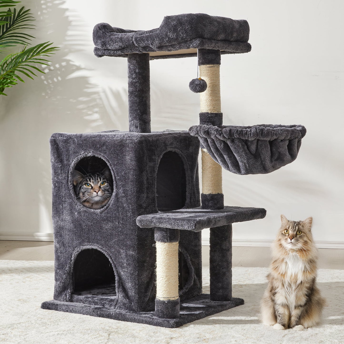 Heynemo Multi-Level Cat Tree Tower for Large Cats with Scratching Posts, Condos, Perch, Hammocks & Toys ¨C Modern Indoor Cat Jungle Gym for 2¨C3 Cats, 19.7" x 15.7" x 35.8", Dark Grey