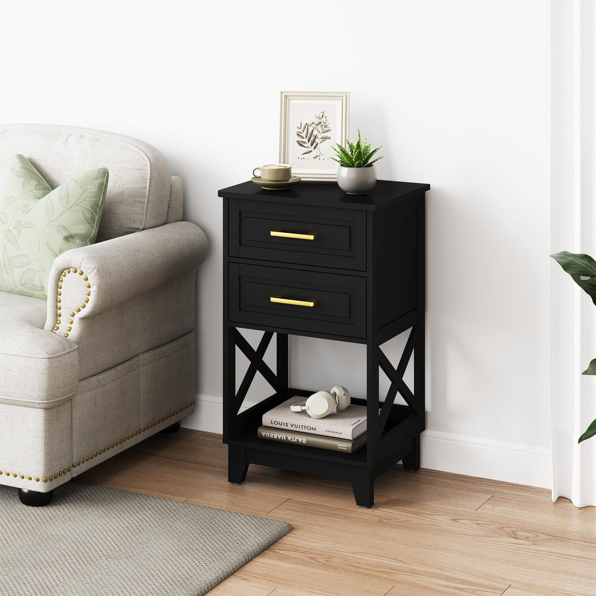 May in Color Tall Nightstand Set of 2, Side Table with 2 Drawers and Open Shelf Below, for Bedroom, Living Room, Home Office, Black