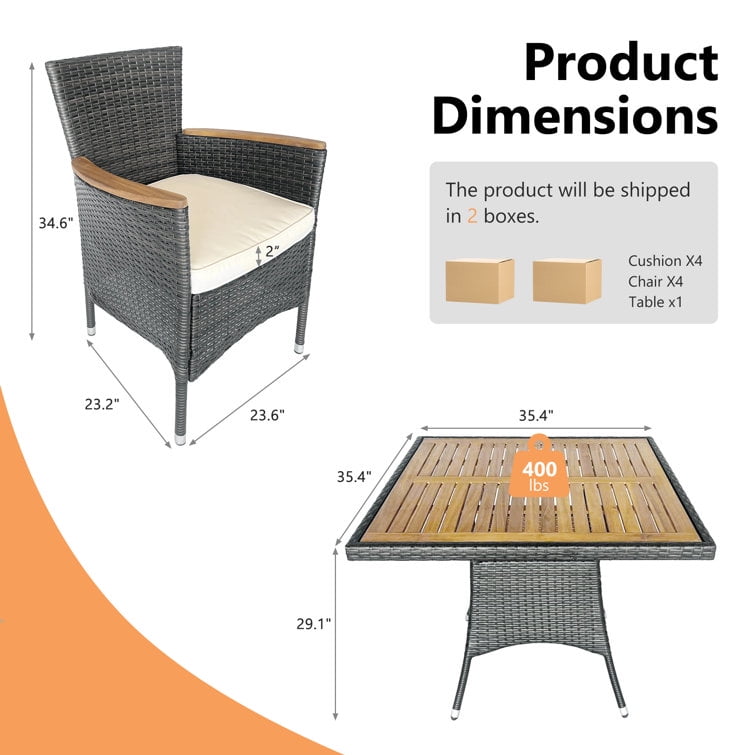 Superjoe 5 Piece Patio Dining Set,Wicker Patio Conversation Set with Table,4 - Person Square Outdoor Table and 4 Chairs with Cushions,for Backyard, Deck and Garden