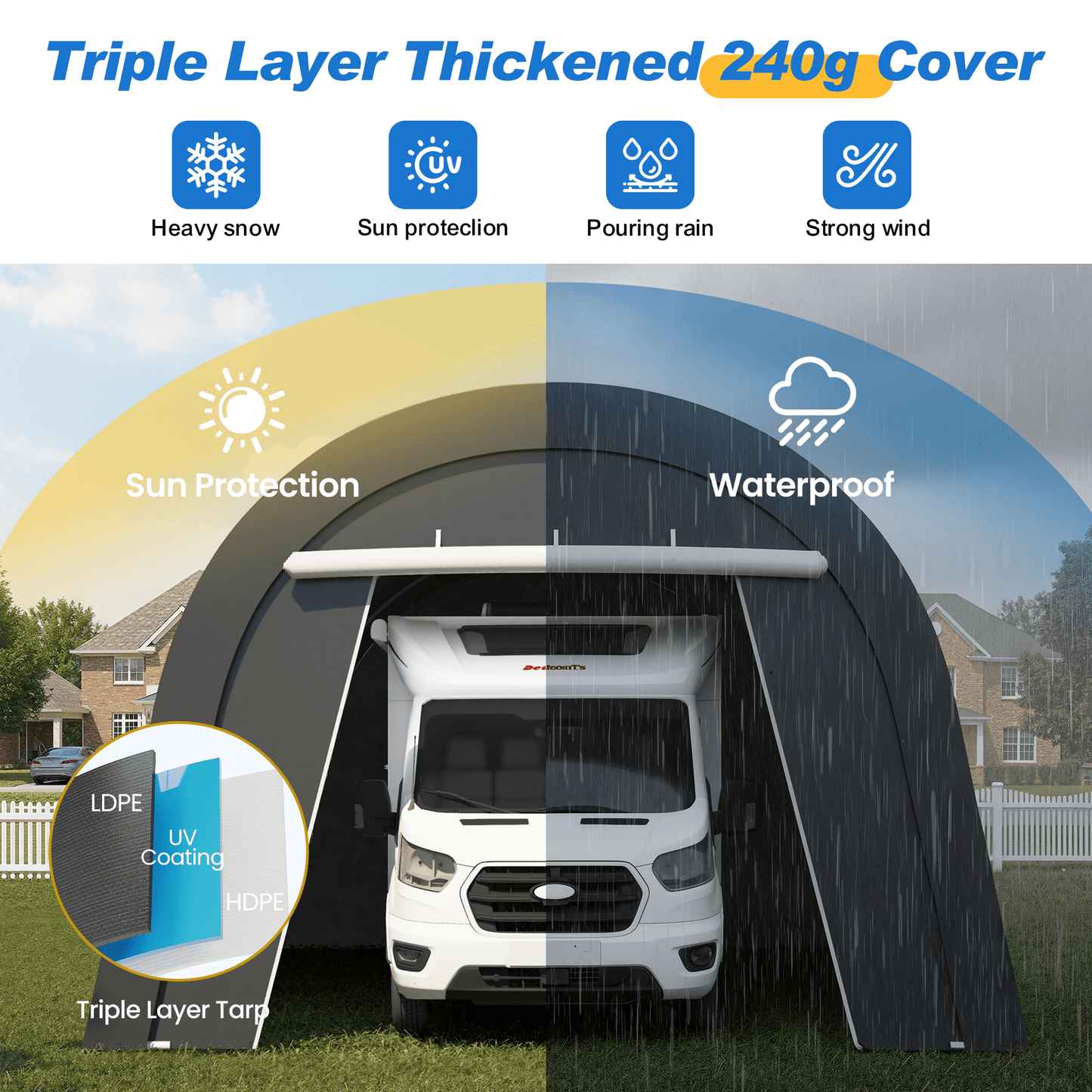 Heynemo 12' x 25' Portable Metal Carport with 4 Bags, Weatherproof PE Cover, Outdoor Car Canopy Tent with 2 Roll-up Doors, Outside Dome Storage Shelter Shed for Cars, Truck, Garden Tools