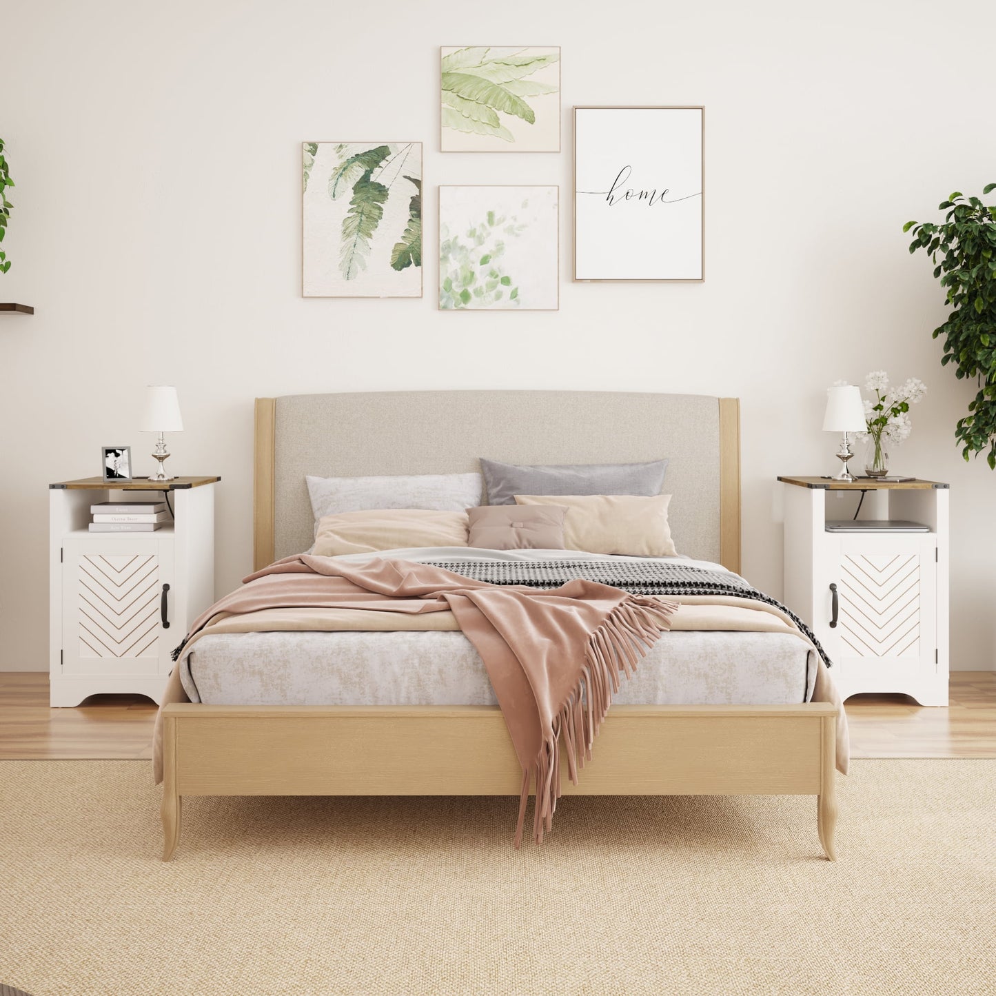 CozyHom Modern Farmhouse USB Nightstand Set of 2 With Storage Cabinet, End Side Table With Charging Station For Bedroom, Brown And White