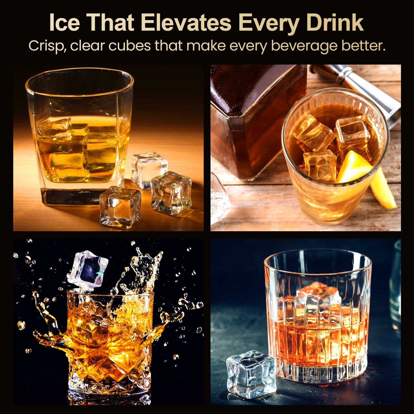 Sunvivi Clear Ice Maker for Home ÿ Compact Countertop Ice Machine with 1.6" Square Ice Cubes, Self-Cleaning, LED Light & Timer, Portable Electric Ice Maker for Kitchen, Bar, RV, Black