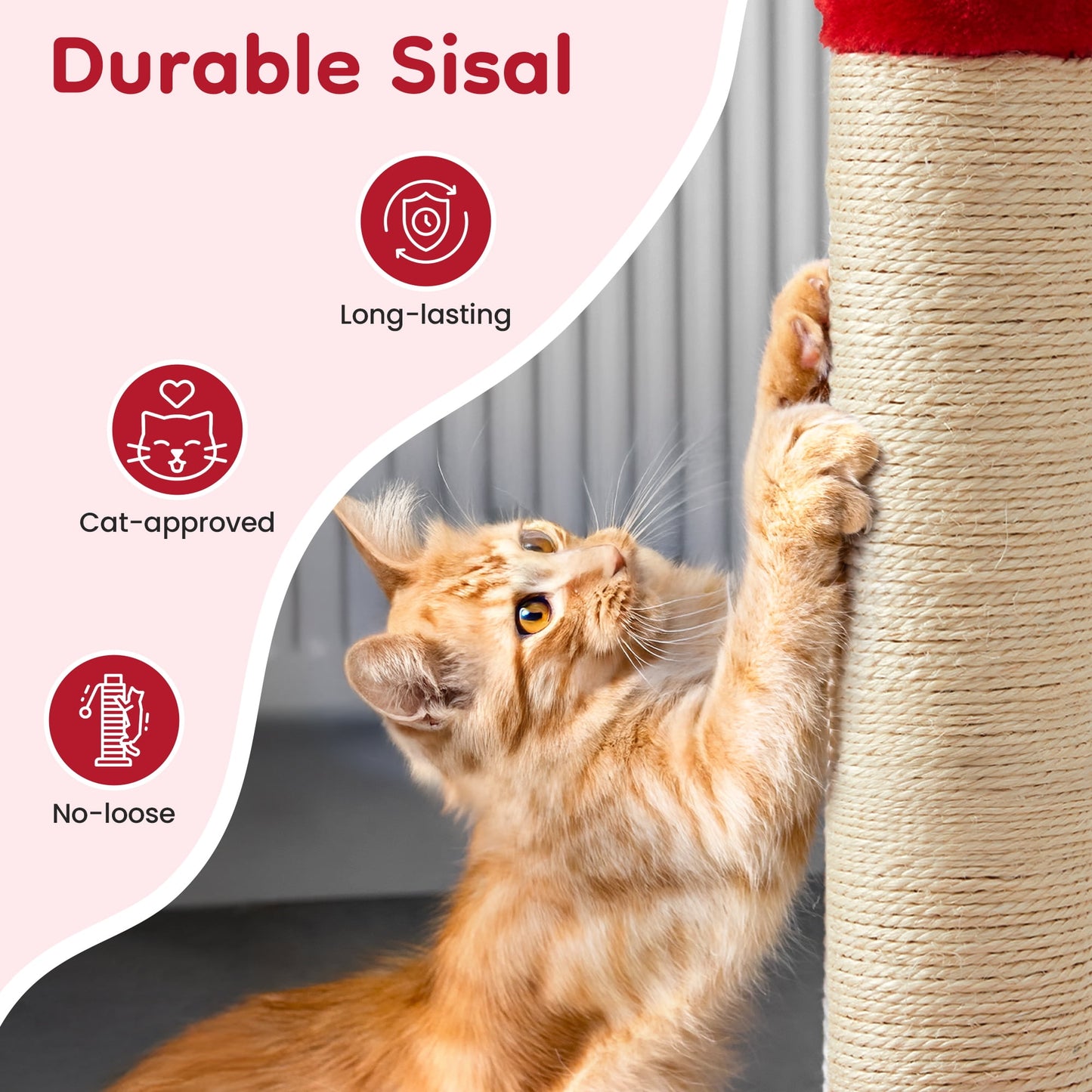Heynemo 22-Inch Cat Scratching Post , Durable Sisal Scratch Post for Indoor Cats, Monster-Shaped Cat Scratcher for Kittens & Large Cats, Red
