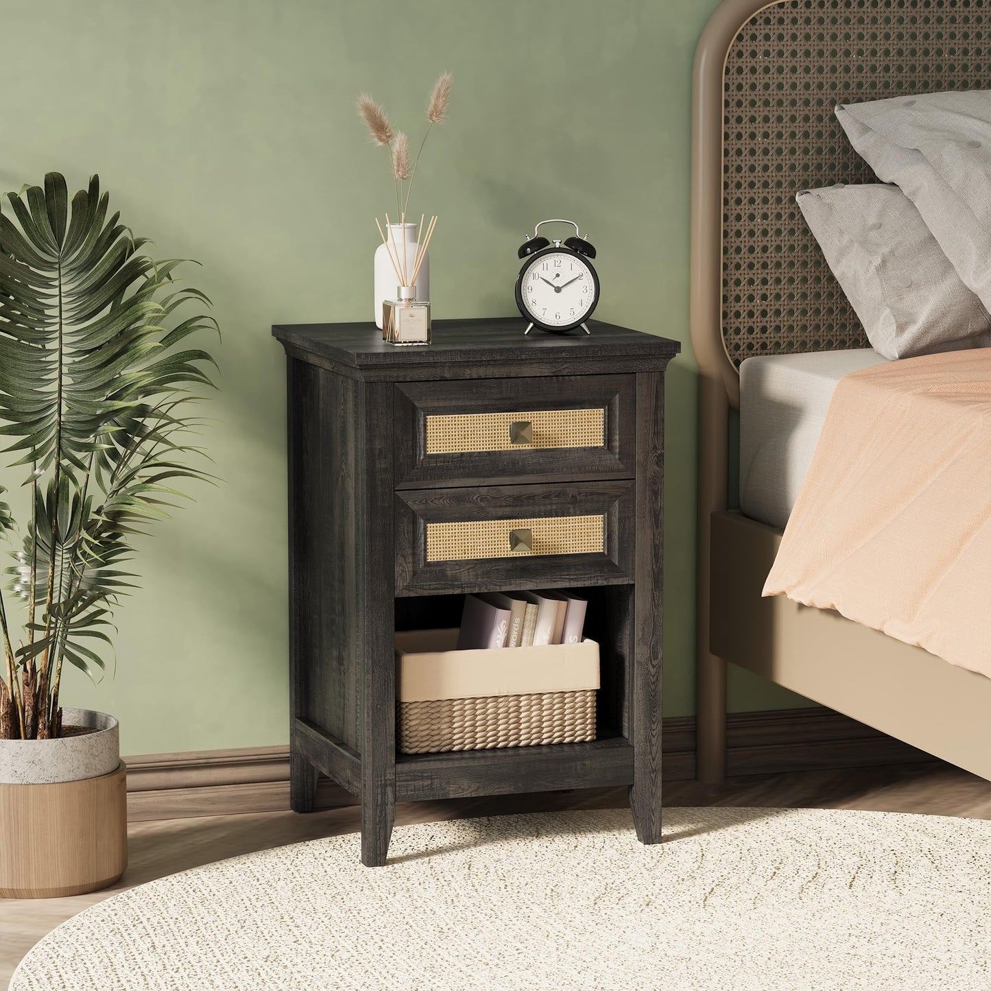 CozyHome Nightstand with 2 Drawers, Accent Bedside Table with Rattan Decor Drawers and Large Storage Shelf, Boho Wood End Table Organizer for Bedroom, Living Room, Grey