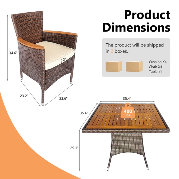 Superjoe 5 Piece Patio Dining Set,Wicker Patio Conversation Set with Table,4 - Person Square Outdoor Table and 4 Chairs with Cushions,for Backyard, Deck and Garden