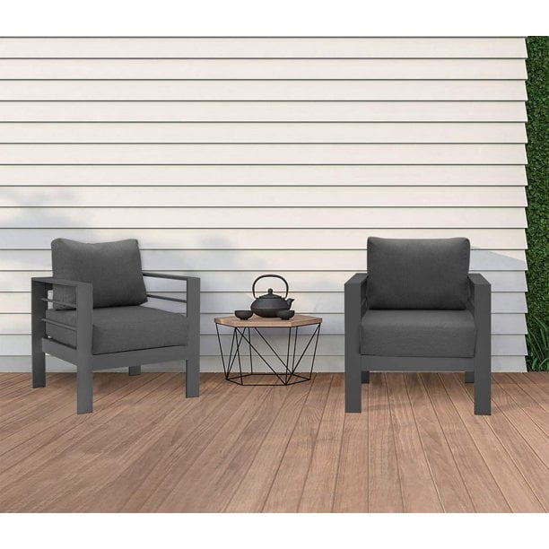 CozyHom 2 Pcs All-Weather Outdoor Patio Aluminum Armchair Furniture, Contemporary Outside Metal Patio Sofa Chair With Cushions, Gray