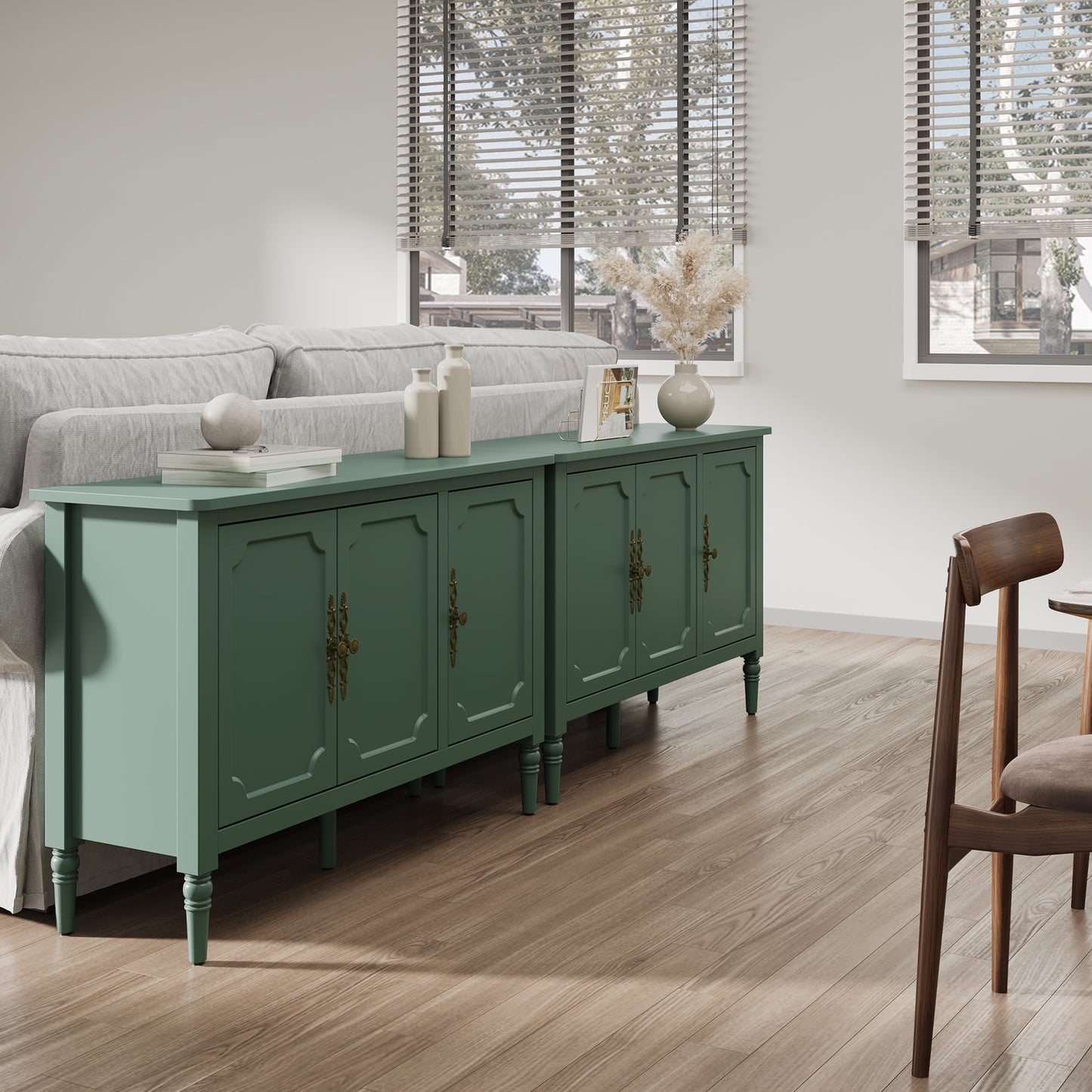 Heynemo 3-Door Storage Cabinet with Adjustable Shelves, Accent Sideboard Cabinet with Turned Legs, Wood Pantry Cabinet, Mid-Century Buffet Cabinet for Entryway, Living Room, Dining Room, Green