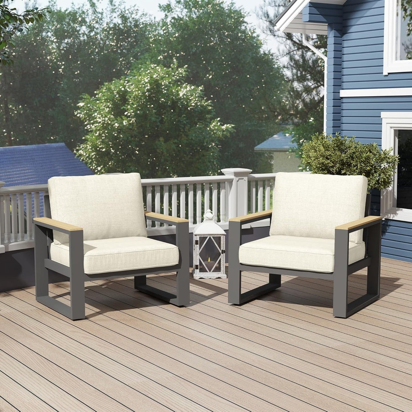 May in Color Aluminum Outdoor Armchair, 2 Pieces All-Weather Metal Patio Single Sofa, Patio Conversation Set for Porch Backyard Garden, Beige
