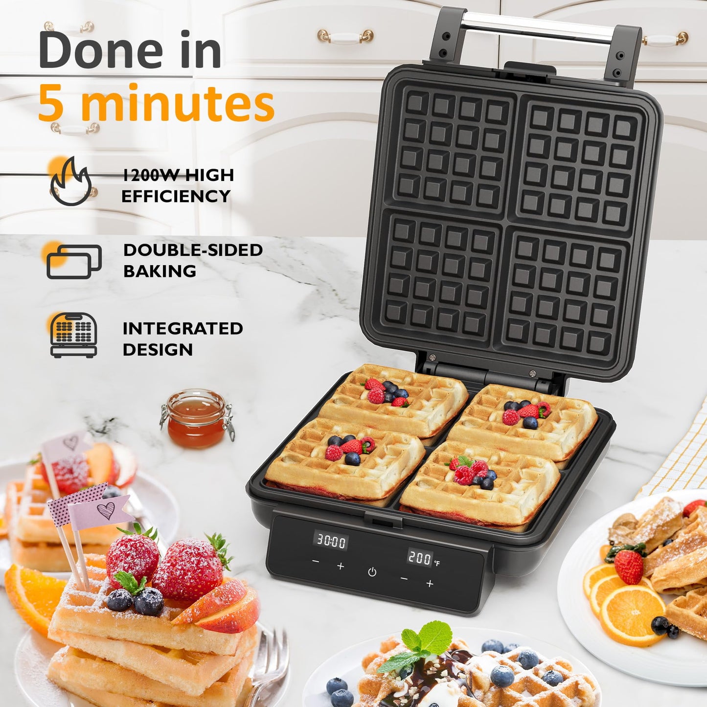 RoyalCraft Stainless Steel Waffle Maker 4 Slices with Quick Heat-Up, Time & Temperature Control, LCD Display, Nonstick Surface, Perfect Waffle Iron for Kids and Families, Silver