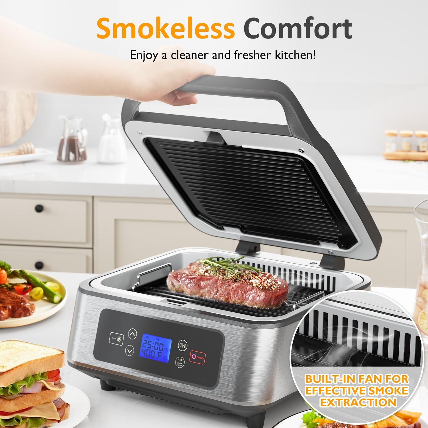 Heynemo 1300W Smokeless Indoor Grill, Electric Panini Press Sandwich Maker with Auto-Lift, Fan, Independent Upper Heating, Smart Time & Temperature Control, Removable Non-Stick Plates