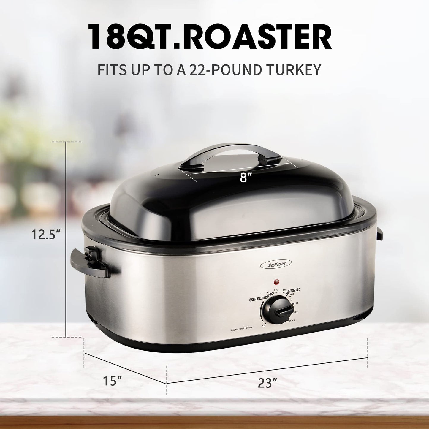 Sunvivi 18 Quart Electric Roaster with Self-Basting Lid, Removable Pan, and Cool-Touch Handles, Silver