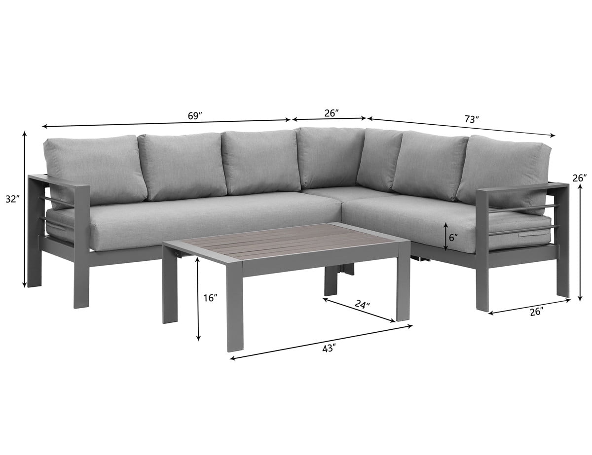 Heynemo 4 Pieces Outdoor Aluminum Furniture Set, Patio Sectional Sofa Couch - Conversation Set with Coffee Table and Sofa, Gray
