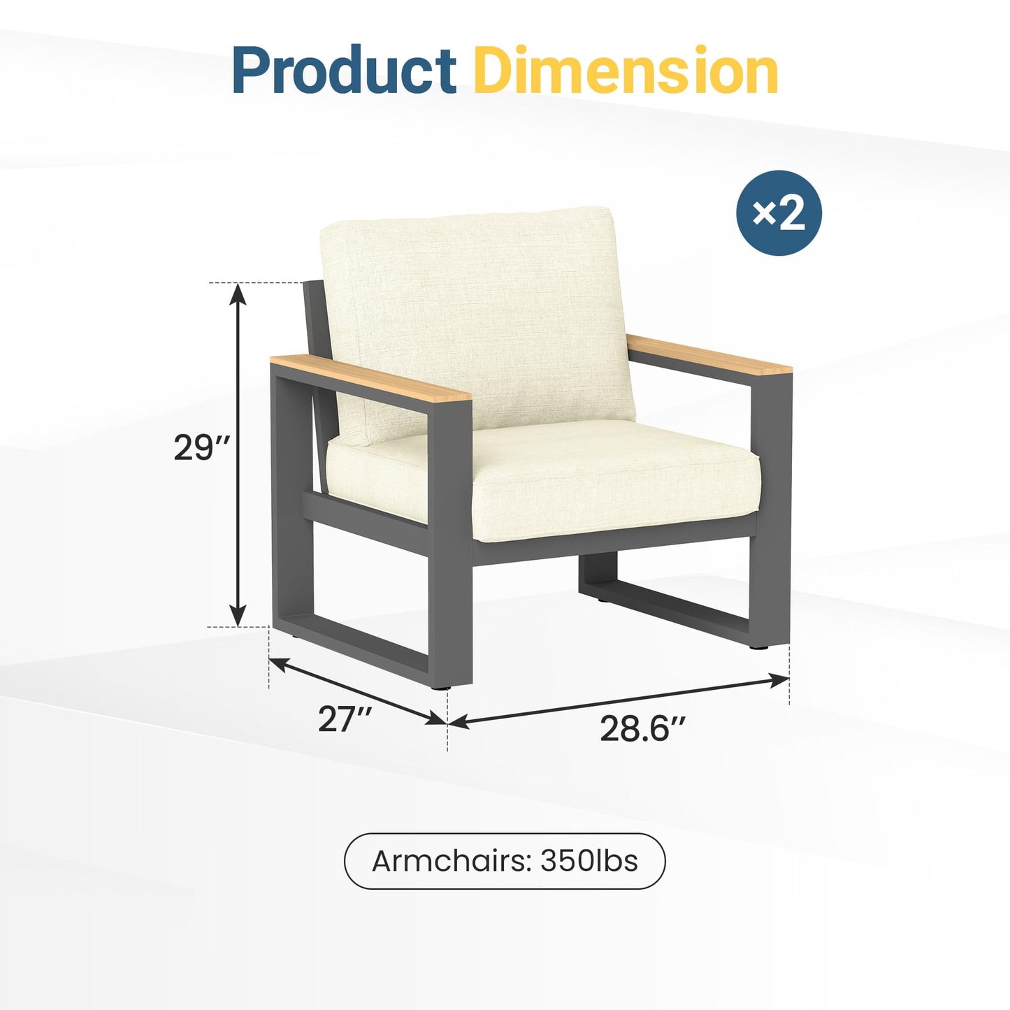 Mayincolor Aluminum Outdoor Armchair, 2 Pieces All-Weather Metal Patio Single Sofa, Patio Conversation Set for Porch Backyard Garden, Beige