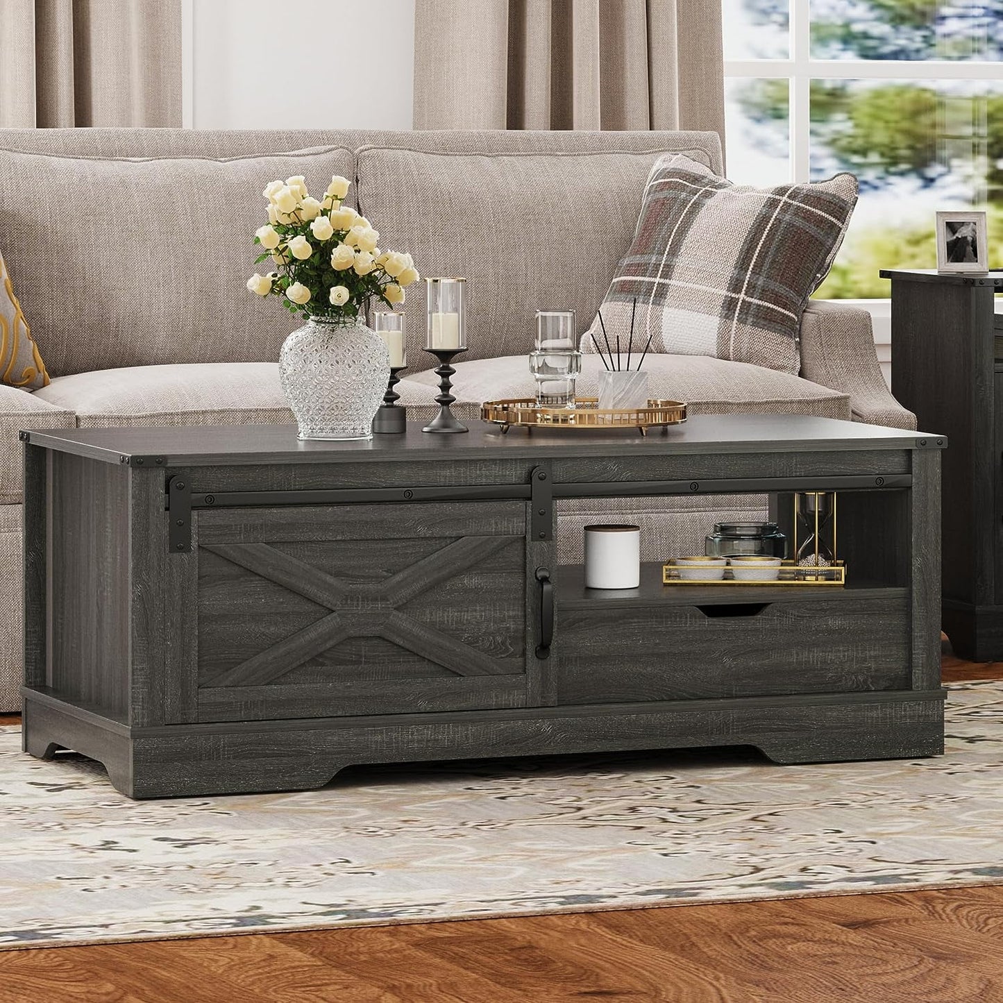 CozyHom Farmhouse Rectangular Coffee Table with Drawer and Sliding Barn Door, Rustic Coffee Table with Open Shelves for Living Meeting Room, Dark Grey