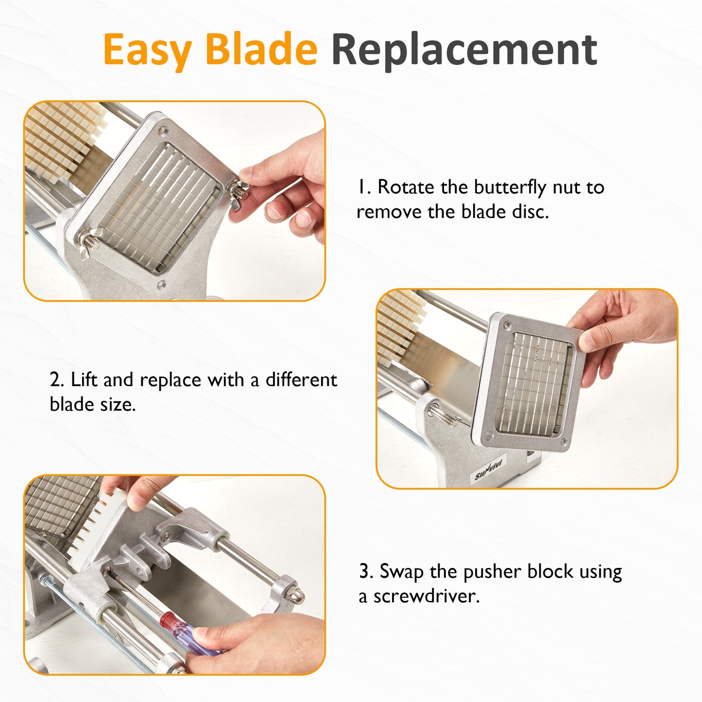 Heynemo Professional Potato Slicer & French Fry Cutter, 3 Replaceable Blades, 6-Wedge Slicer, Heavy Duty Stainless Steel