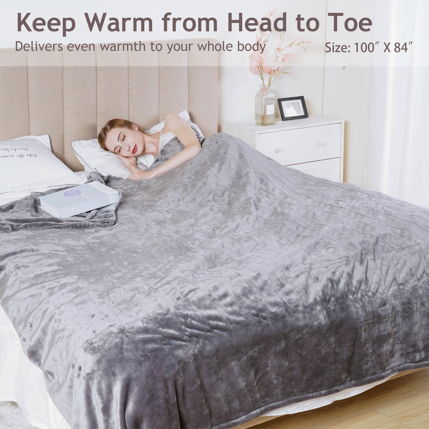 Superjoe Electric Blankets King Size Heated Blanket 100'' x 90'' King Blanket with Dual Controllers, 10 Heat Settings, Auto-off Timer, Gray Warm Gifts