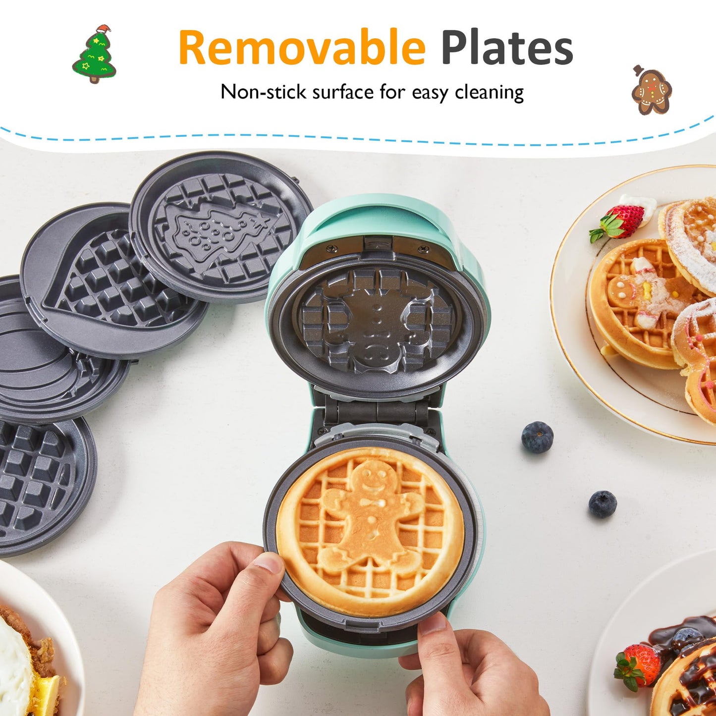 Heynemo 6 in 1 Mini Waffle Maker, 4¡± Waffle Iron with Removable Non-stick Plates, Perfect Mini Waffle Maker for Kids and Families, Light Blue