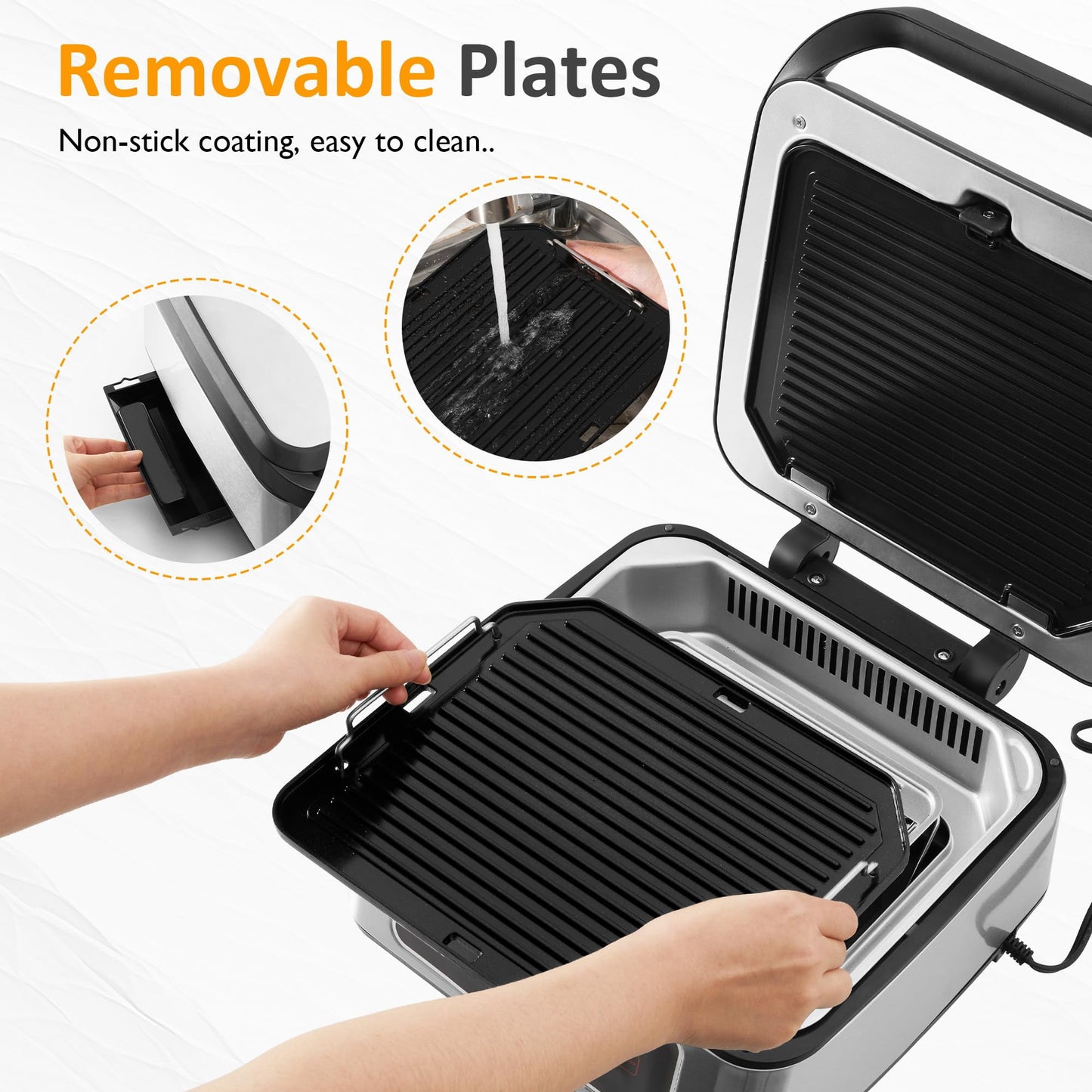 Heynemo 1300W Smokeless Indoor Grill, Electric Panini Press Sandwich Maker with Auto-Lift, Fan, Independent Upper Heating, Smart Time & Temperature Control, Removable Non-Stick Plates