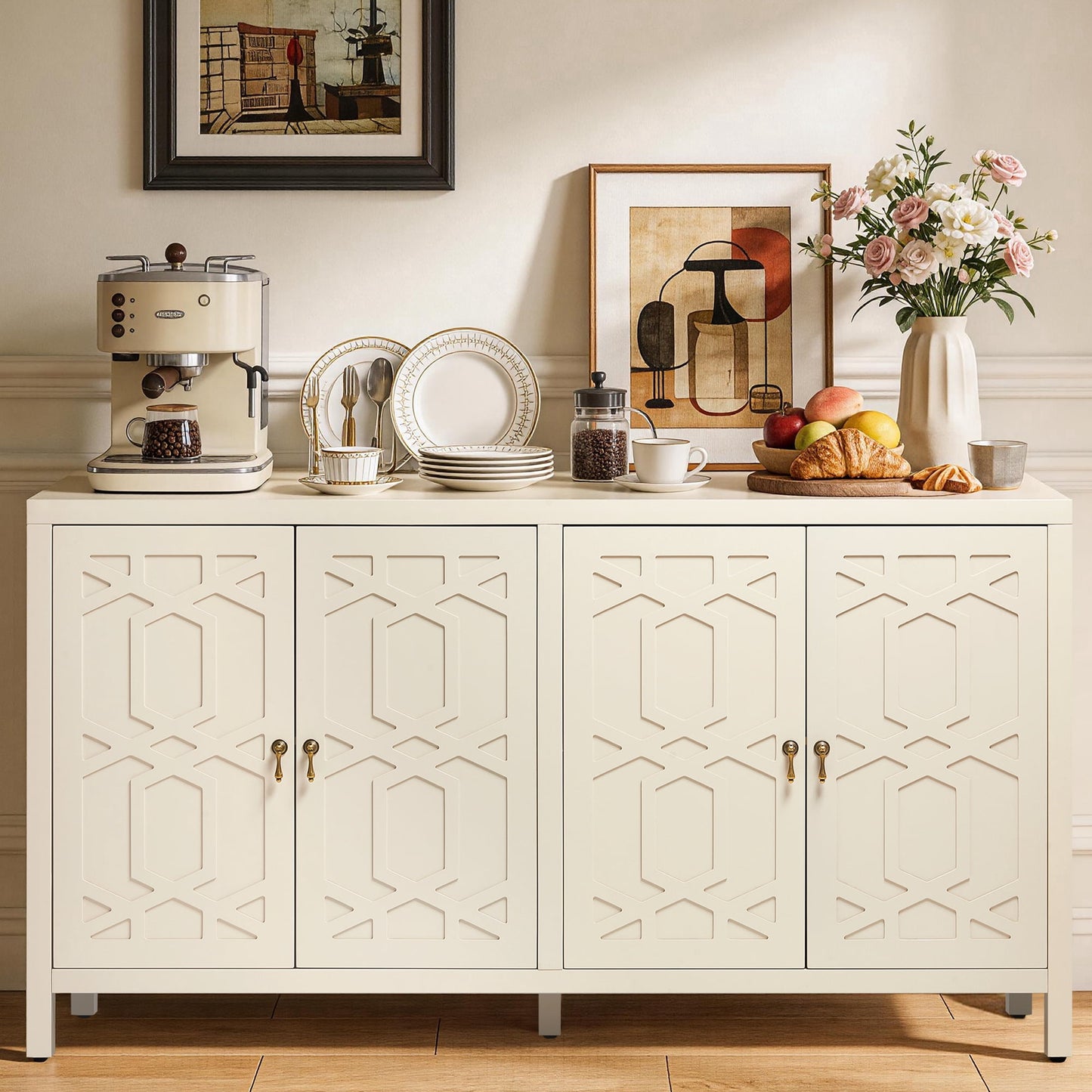 May in Color 60'' Modern Sideboard Cabinet with Adjustable Shelves and 4 Doors, Ideal for Entryway, Living Room, Dining Room, Bedroom, Beige